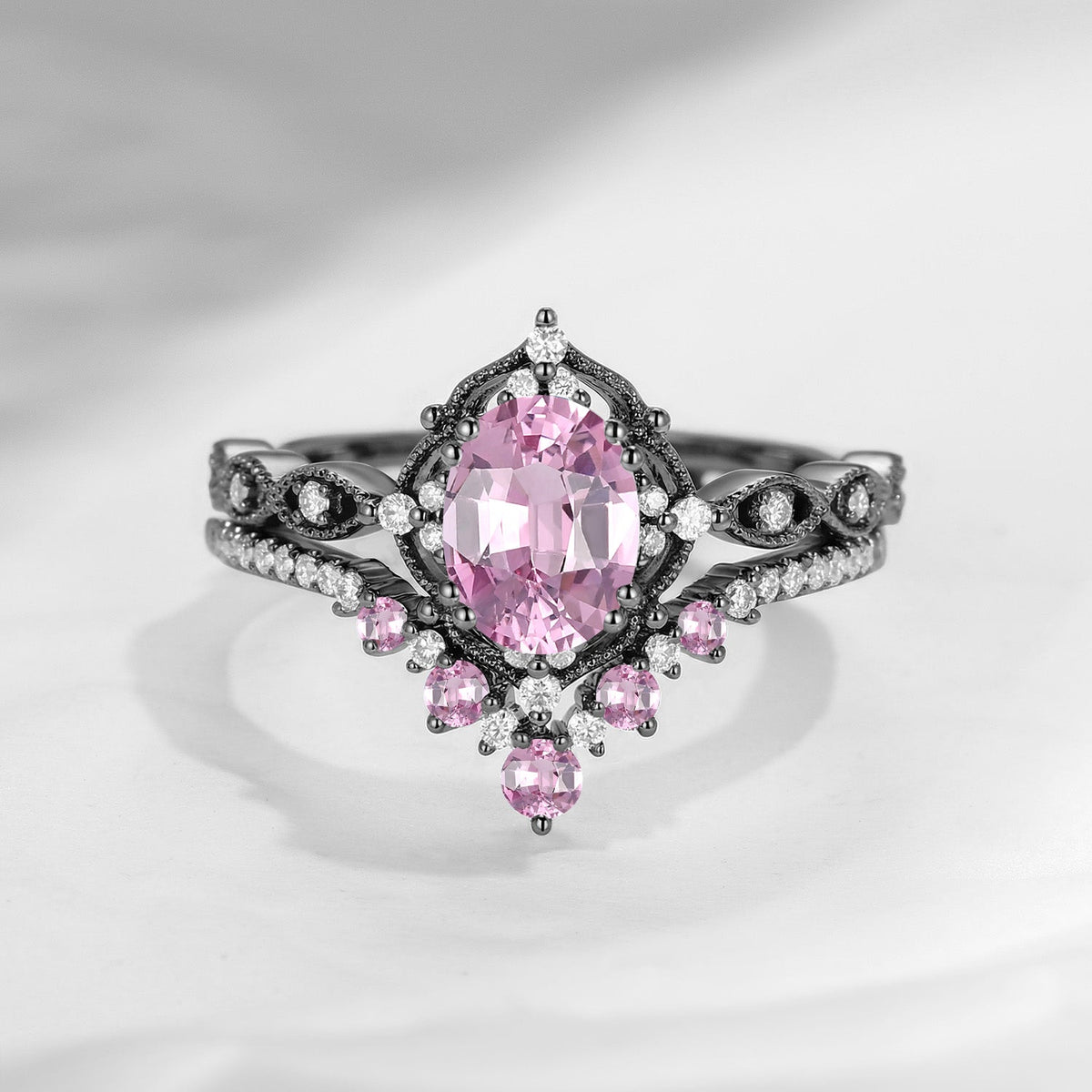 Antique Oval Natural Spinel Classic Vintage Engagement Ring Bridal Set 2pcs