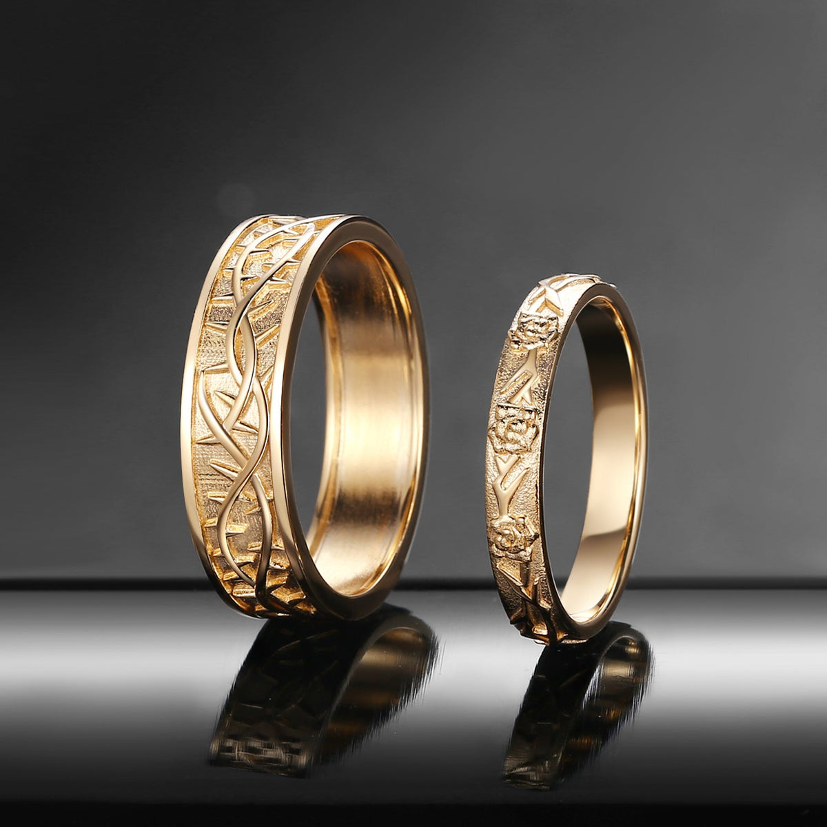 'Thorns & Roses' Filigrees Engagement Ring Band Set 2pcs