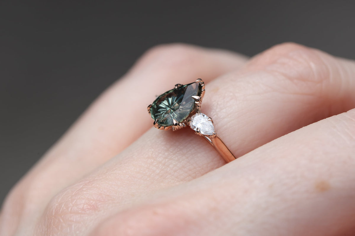 Ready to ship, Size 7 14k rose, Viridian Three Stone