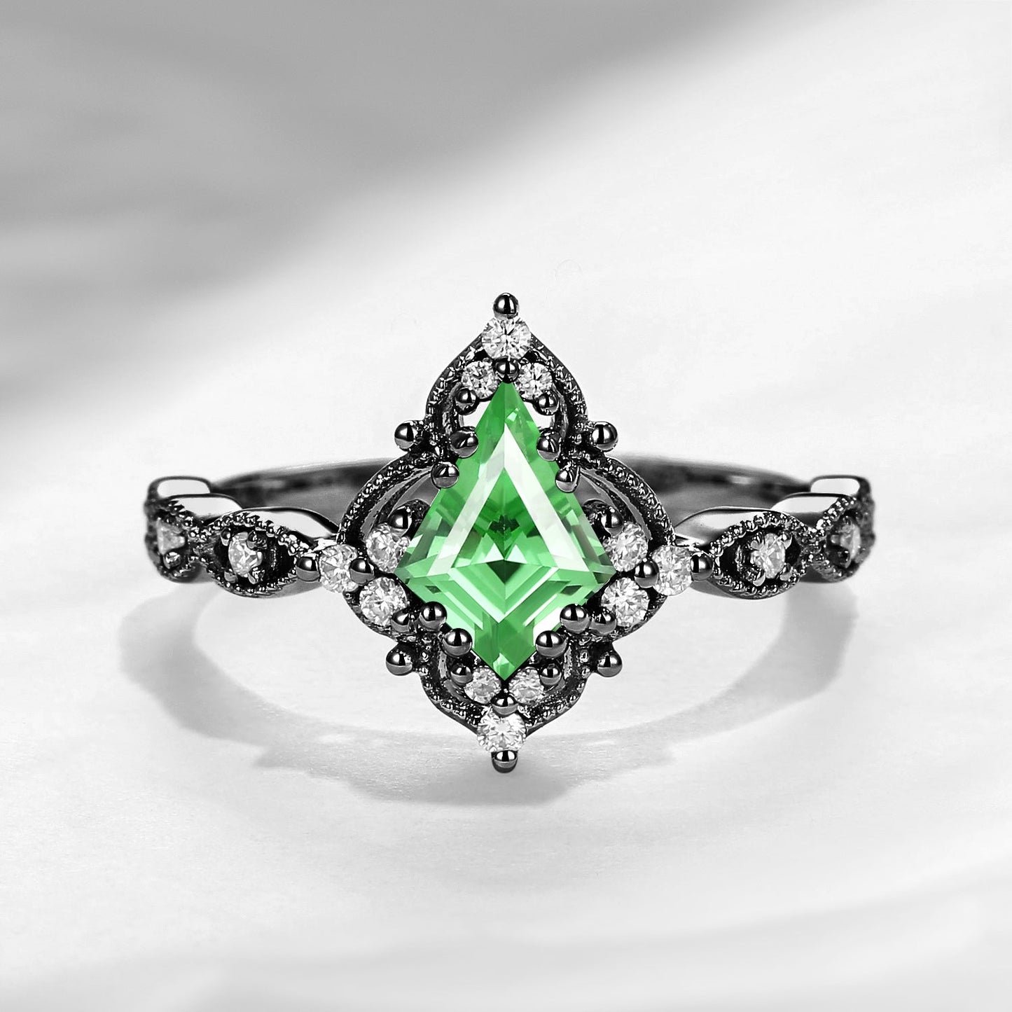 Vintage Inspired Milgrain Kite Cut Lab Tsavorite Antique Engagement Ring