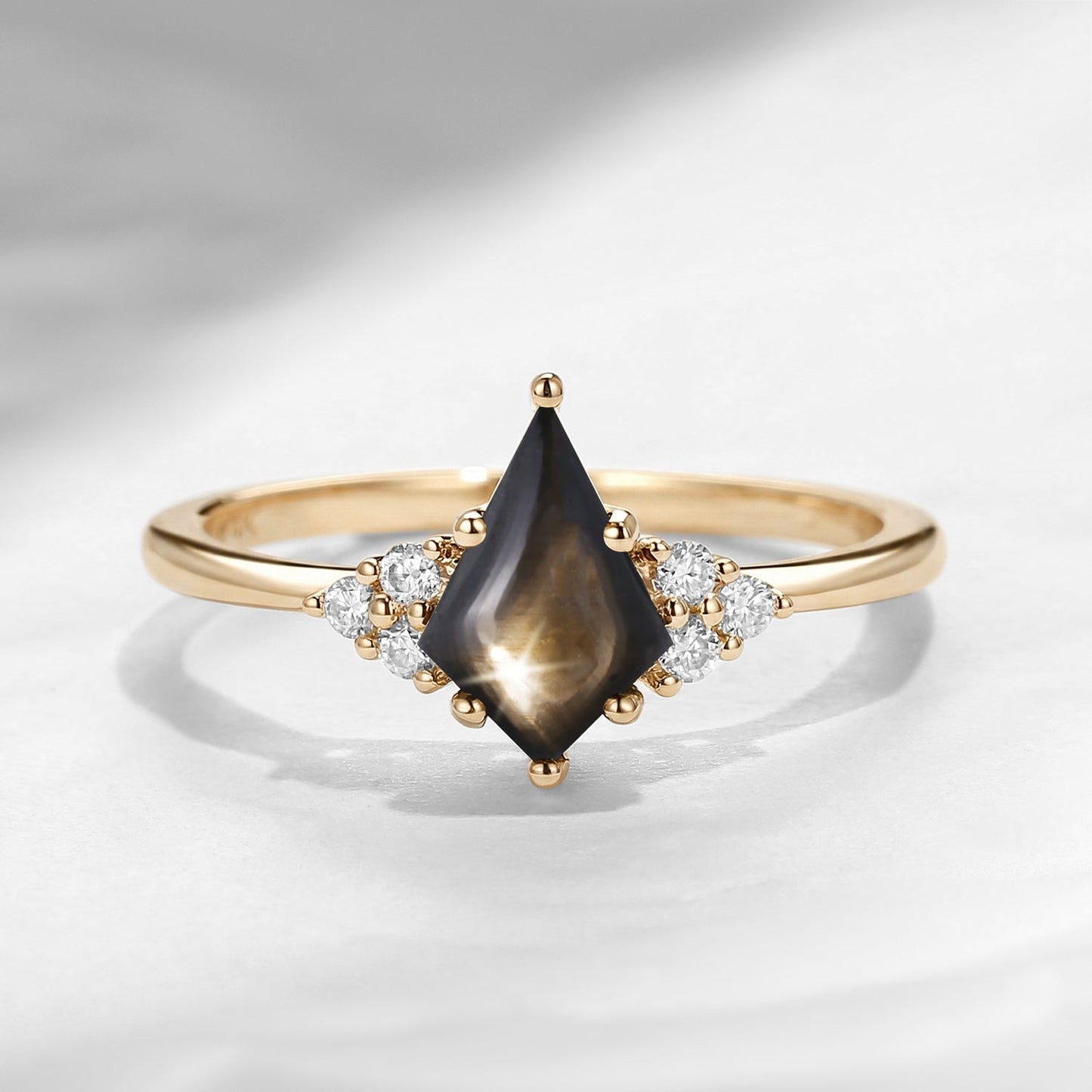 Art Deco Kite Cut Natural Black Star Sapphire Cluster Engagement Ring