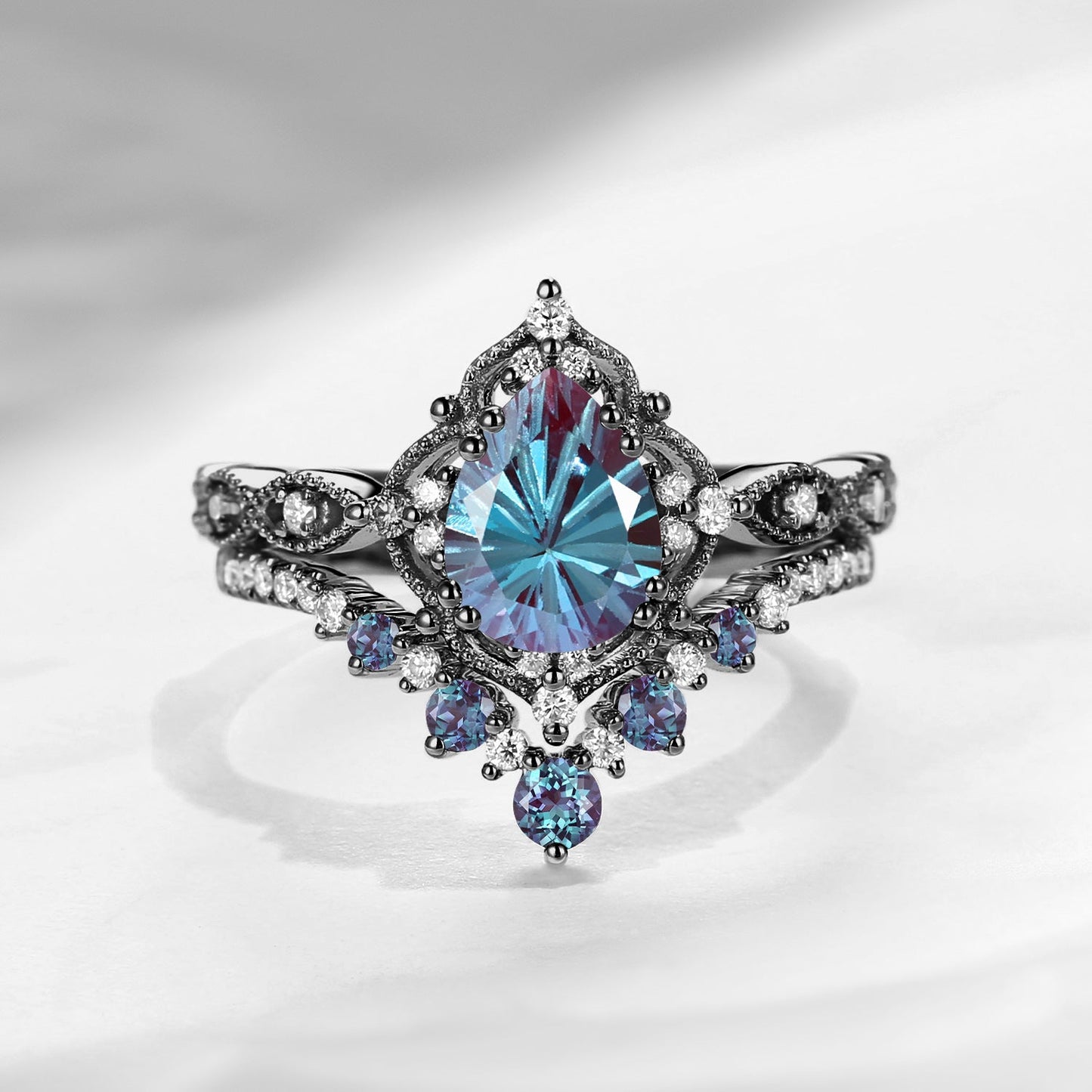 Antique Firework Cut Pear Shaped Lab Alexandrite Engagement Ring 2pcs