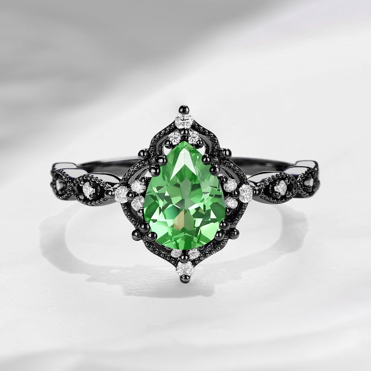 Vintage Pear Cut Lab Tsavorite Classic Milgrain Engagement Ring