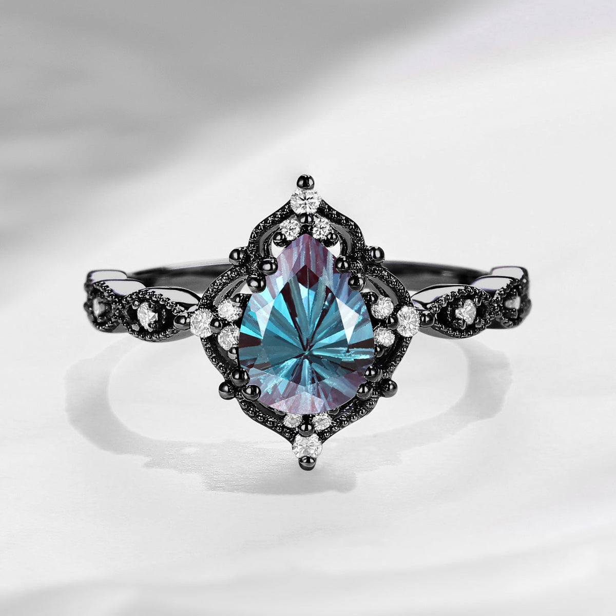 Vintage Inspired Firework Cut Pear Lab Alexandrite Engagement Ring