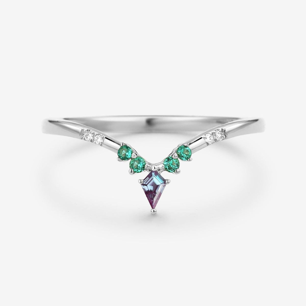 Alexandrite & Emerald & Moissanite V Shaped Wedding Band