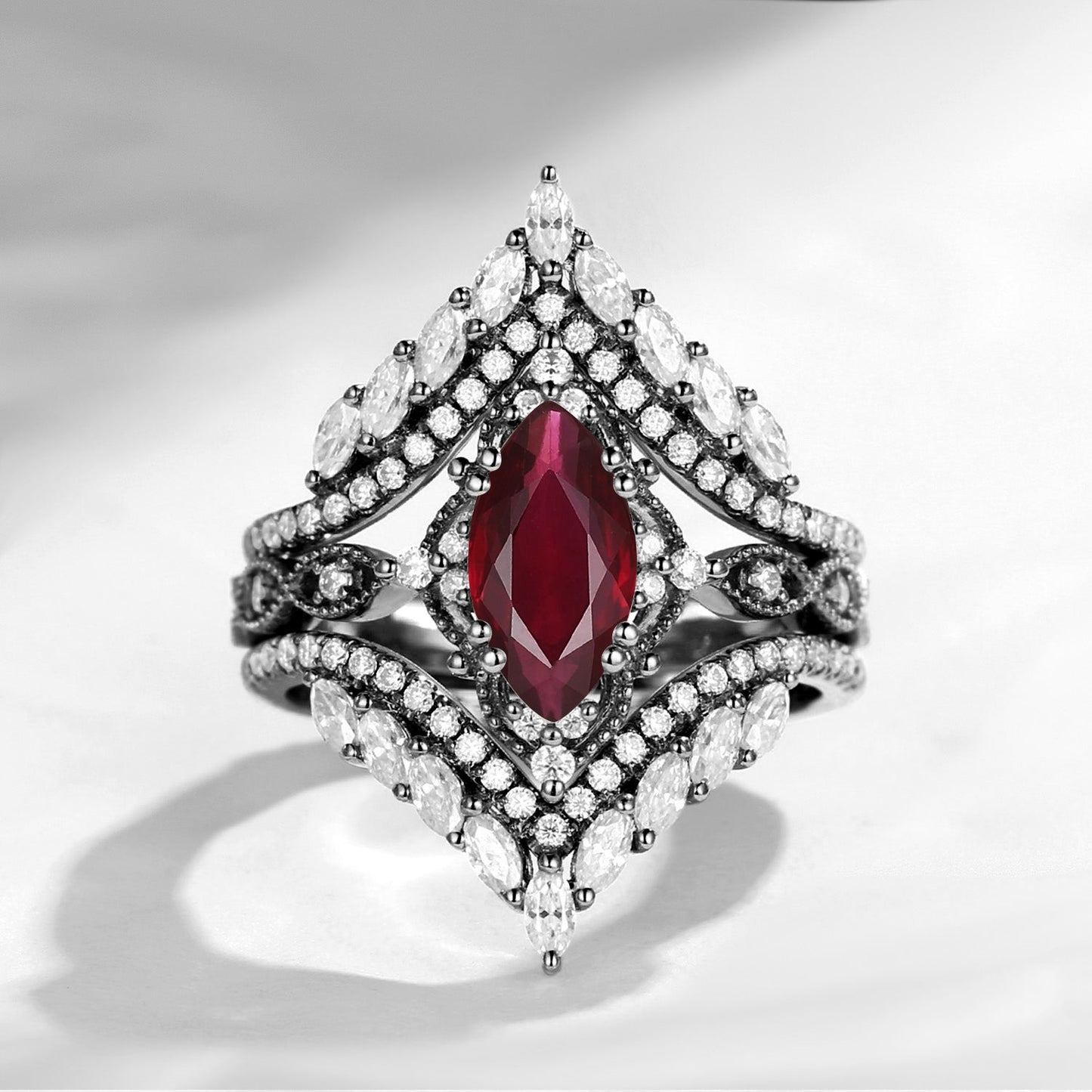 Vintage Style Marquise Cut Natural Ruby Cage Ring 2pcs