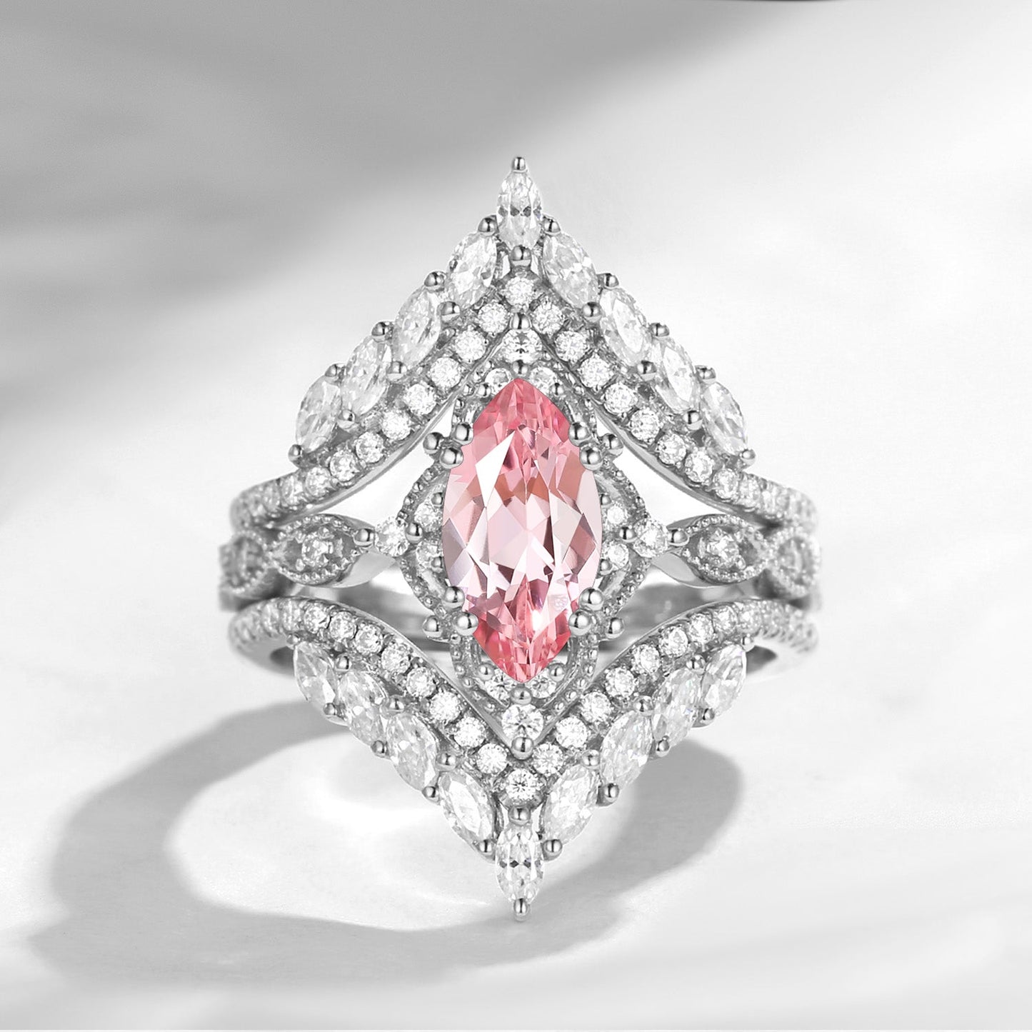 Vintage Style Marquise Lab Pink Sapphire Cage Ring 2pcs