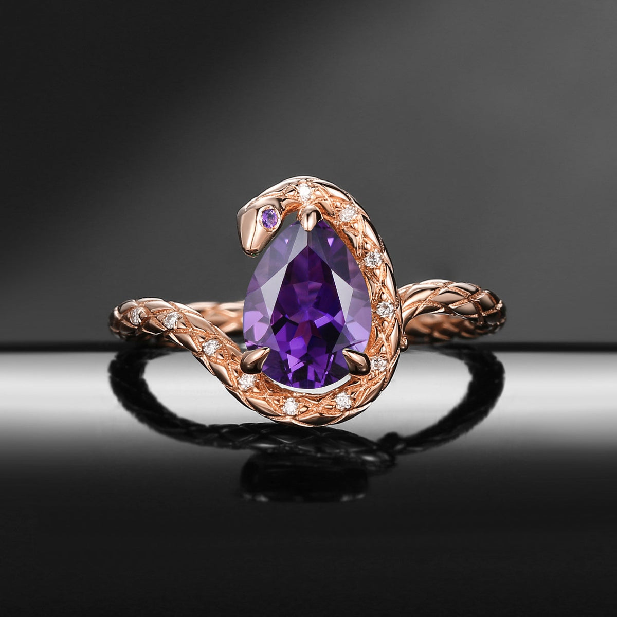 Serpent's Embrace - Gothic Pear Cut Amethyst Snake Engagement Ring with Snake-skin Textured Band