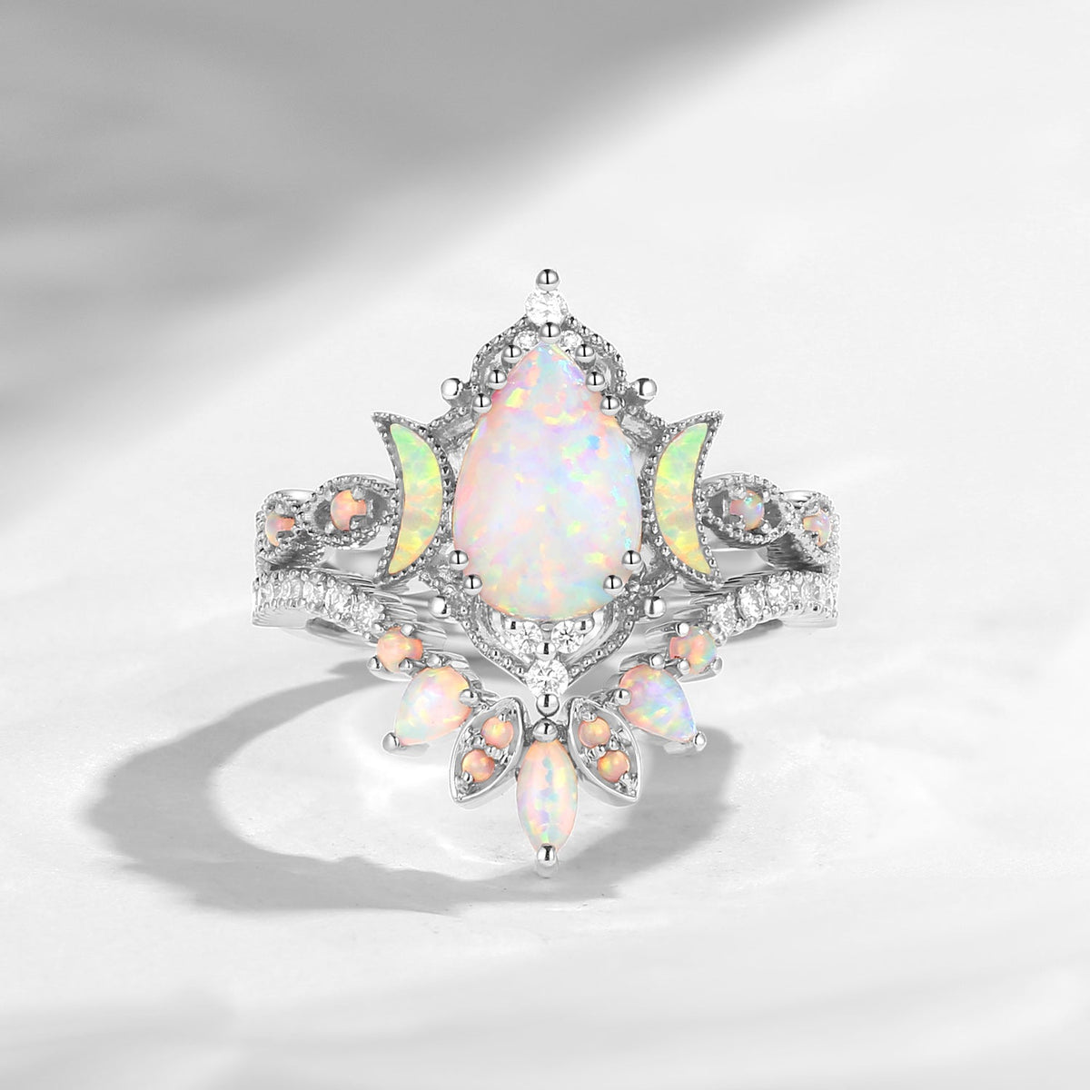 Crescent Moon | Pear Cut Pink Lab Opal 'Ultra Galaxy' Engagement Ring Set 2pcs