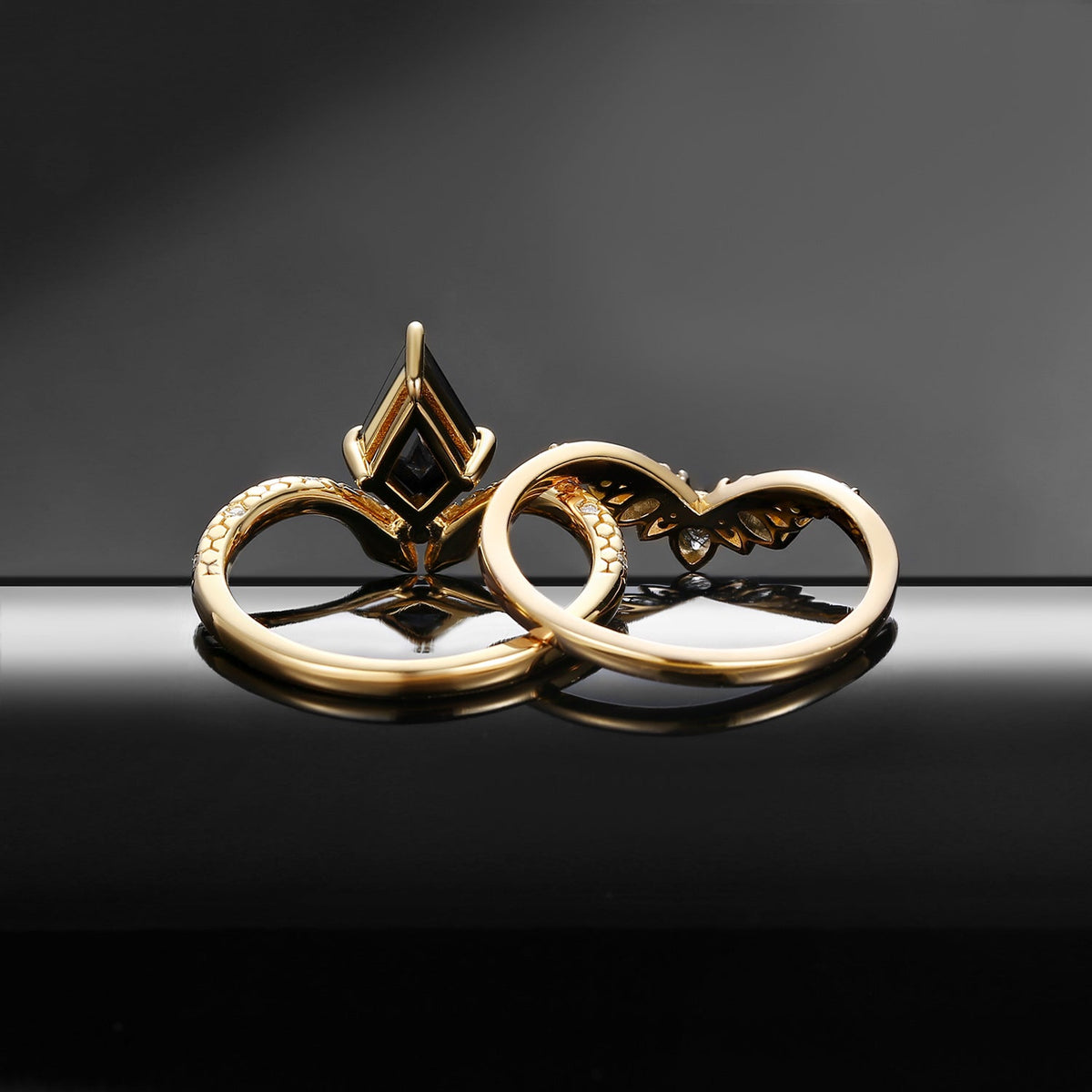 Serpent's Embrace - Gothic Kite Cut Black Moissanite Engagement Ring Set 2pcs
