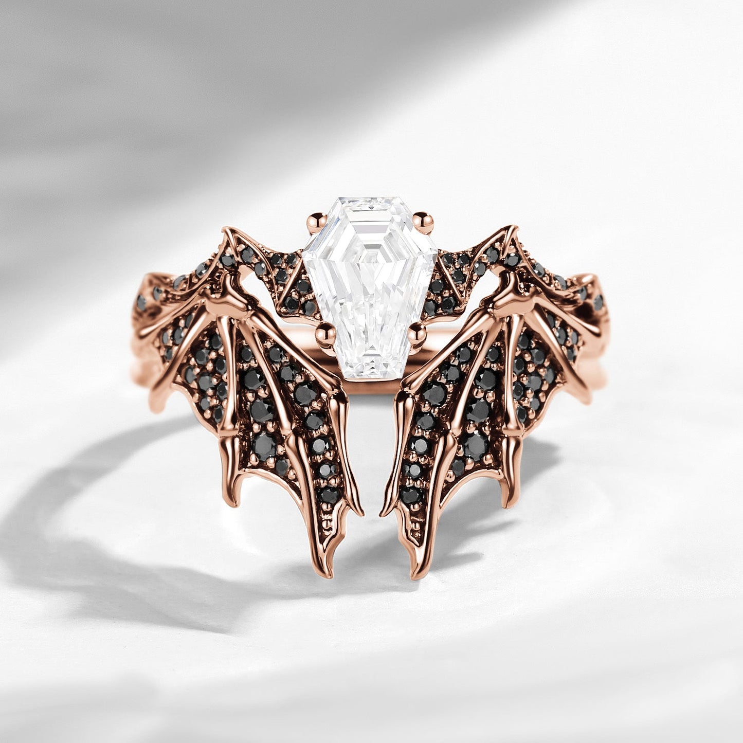 Non-Traditional Coffin Lab Diamond Vampire Engagement Ring Black Gold Bridal Set 2pcs - Bat Ring
