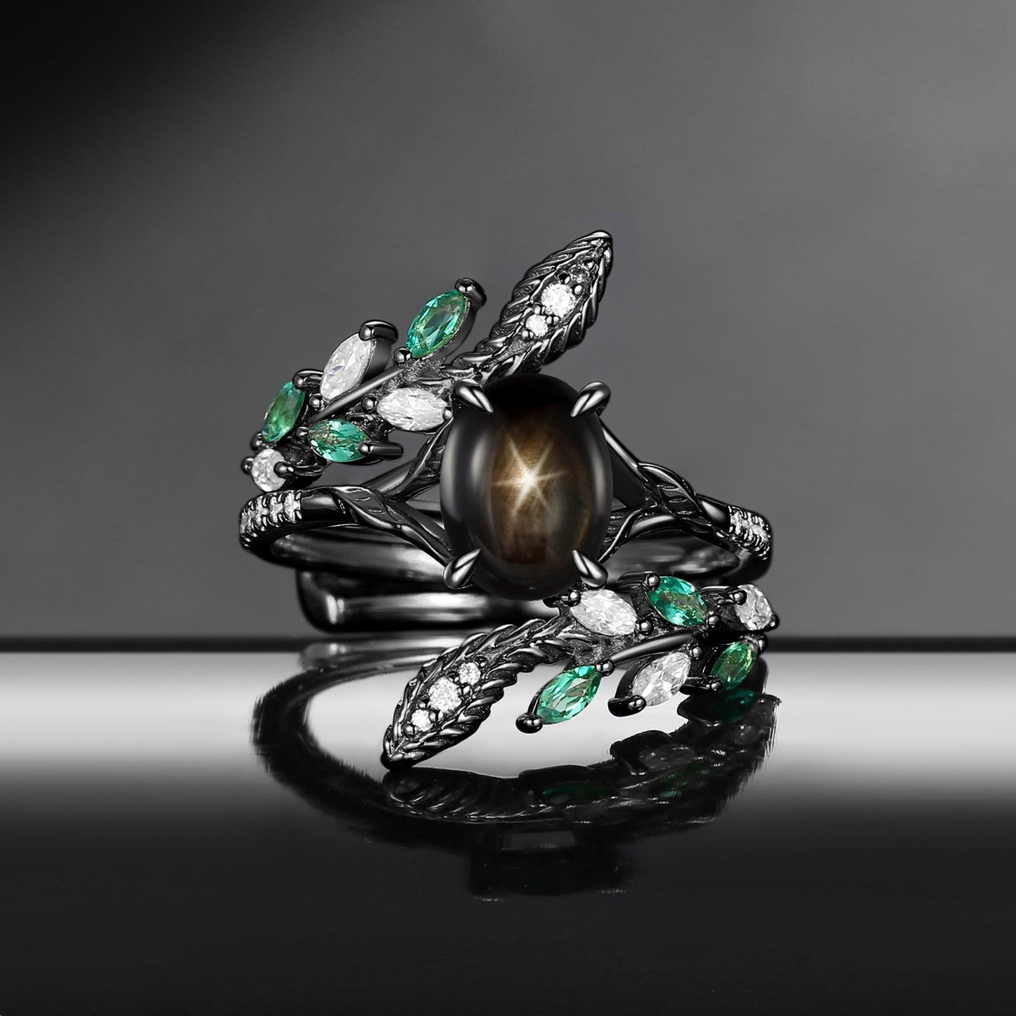 Snake Inspired Oval Natural Black Star Sapphire Nature Inspired Twist Engagement Ring Set 2pcs - Serpent's Embrace
