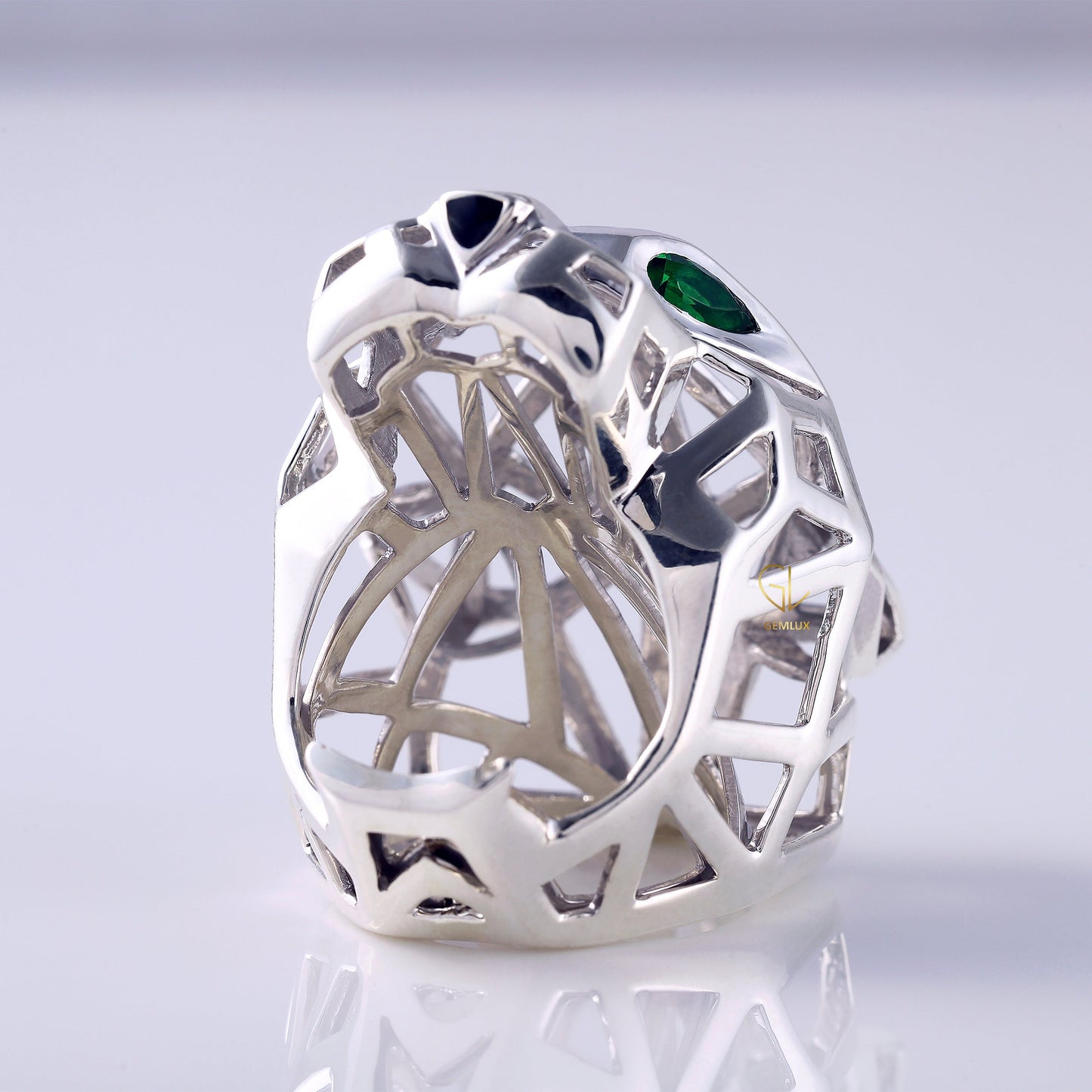 Solid Gold Green Eye Panther Ring - Animal-Inspired Design