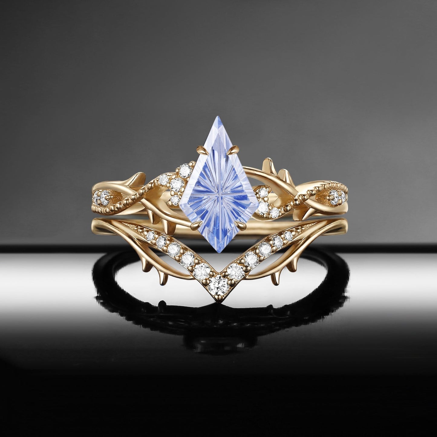 Thorns & Roses - Fantasy Carved Gothic Nature Inspired Kite Lab Cornflower Sapphire Twisted Vine Engagement Ring Set 2pcs
