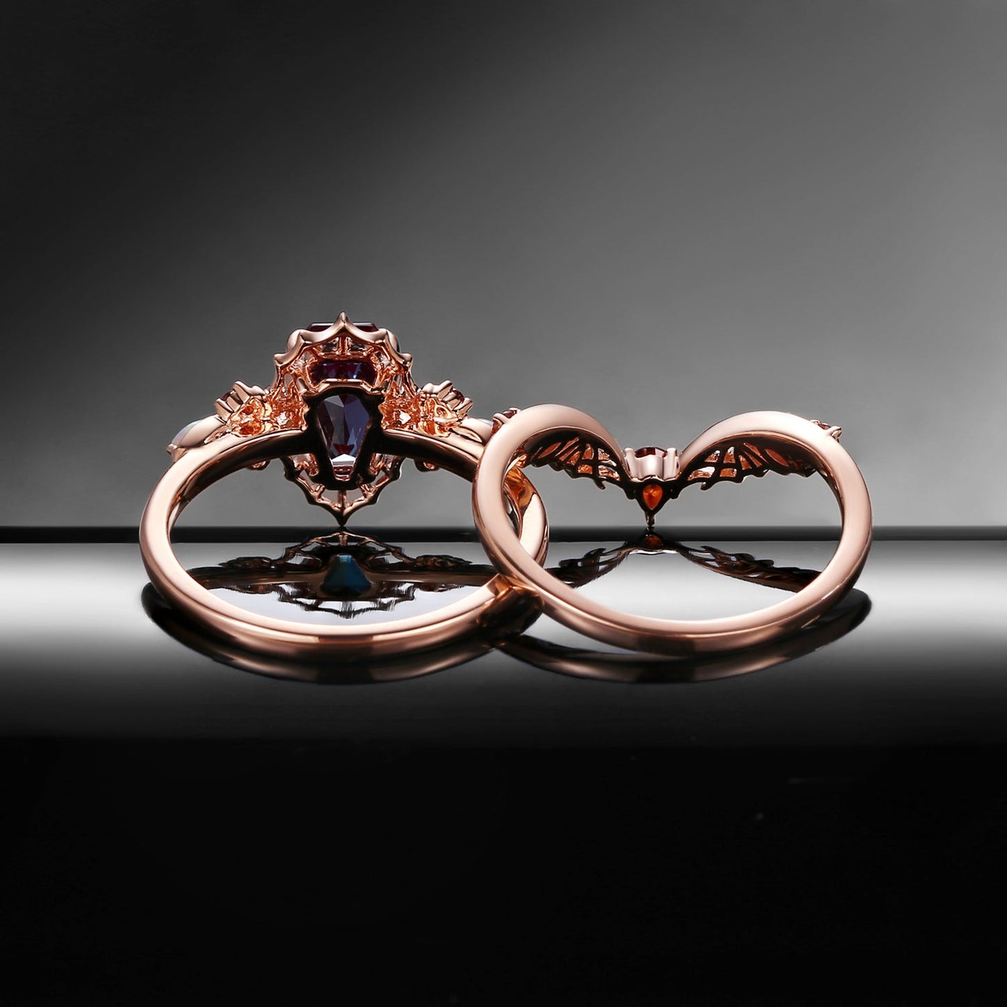 Gothic Coffin Shaped Lab Alexandrite Spider Inspired Engagement Ring Set 2pcs