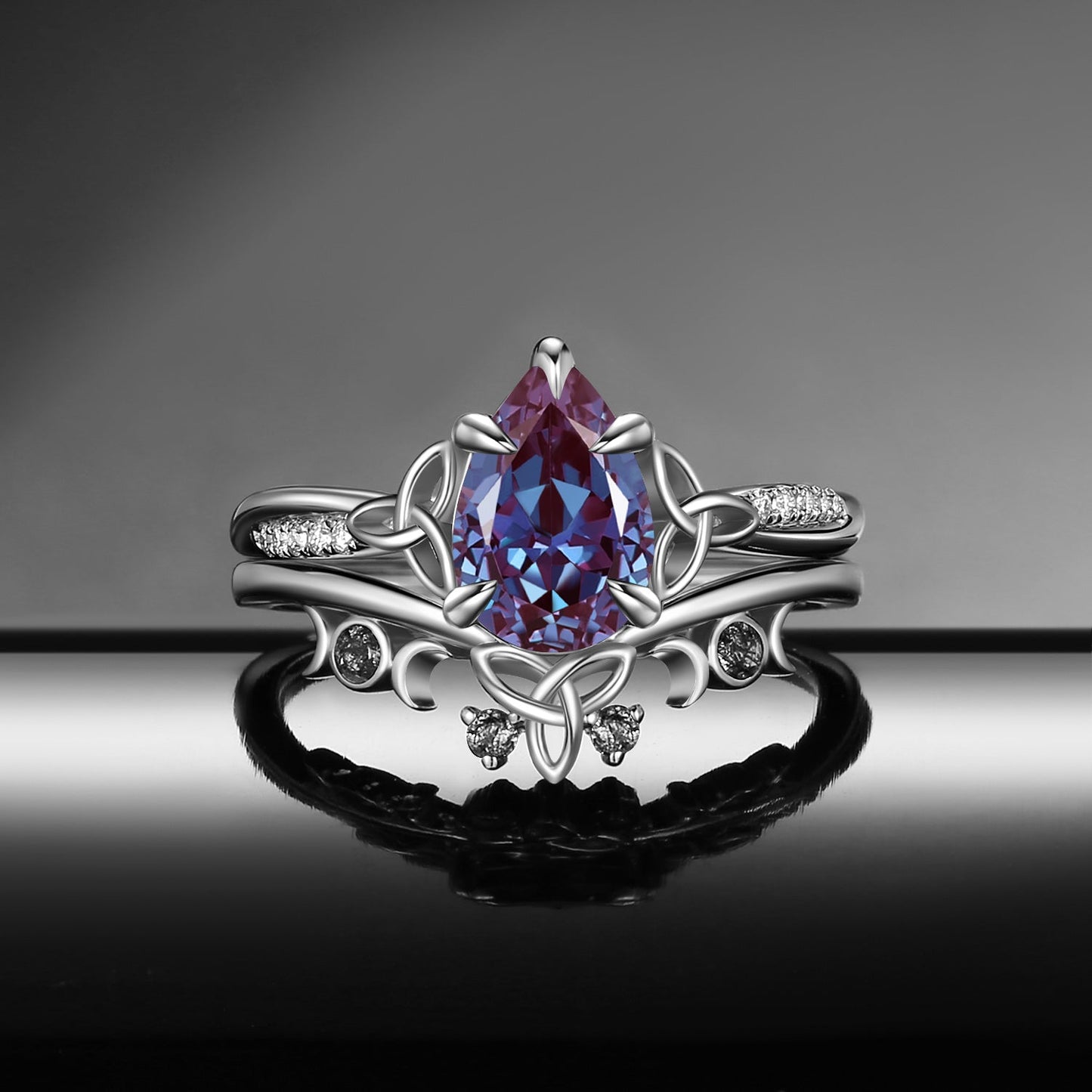 Celtic Moon - Celtic Inspired Pear Cut Lab Alexandrite Engagement Ring Set