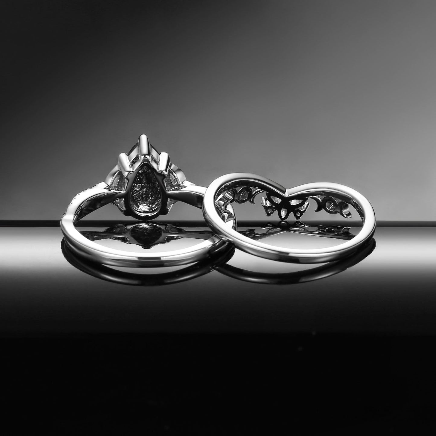 Celtic Moon - Pear Cut Celtic Inspired Black Rutilated Quartz Engagement Ring Set