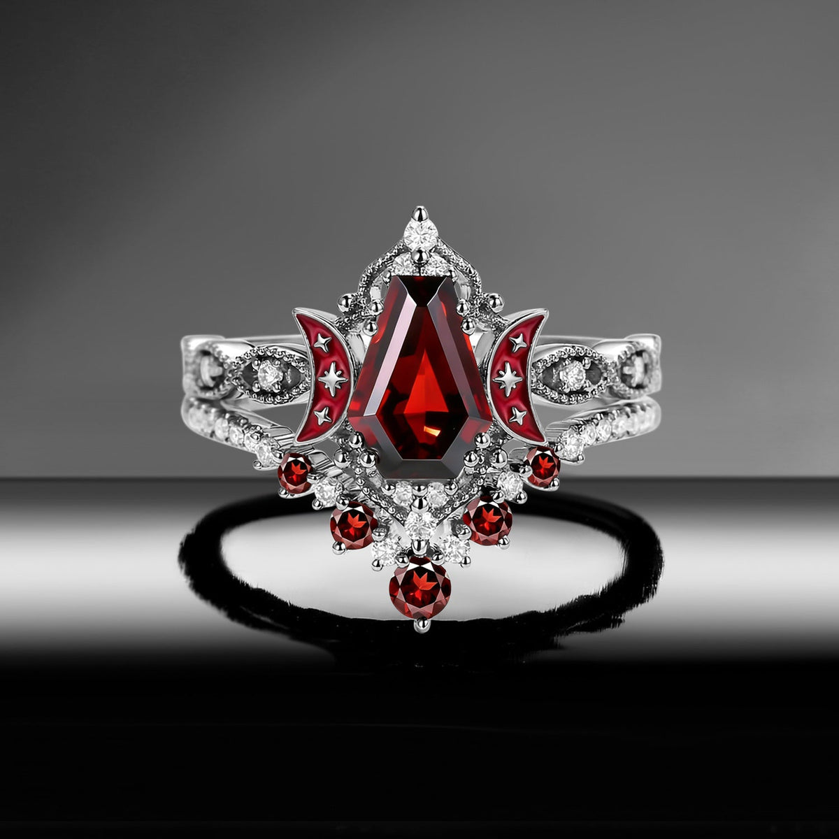 Crescent Moon | Coffin Cut Garnet Red Enamel 'Ultra Celestial' Ring Set 2pcs
