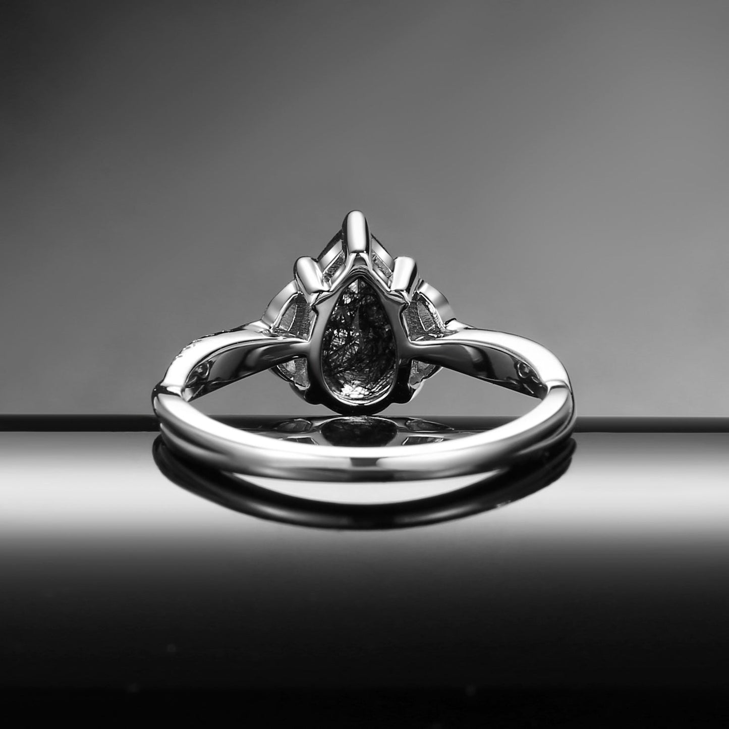 Unique Pear Cut Black Rutilated Quartz Celtic Inspired Infinity Engagement Ring