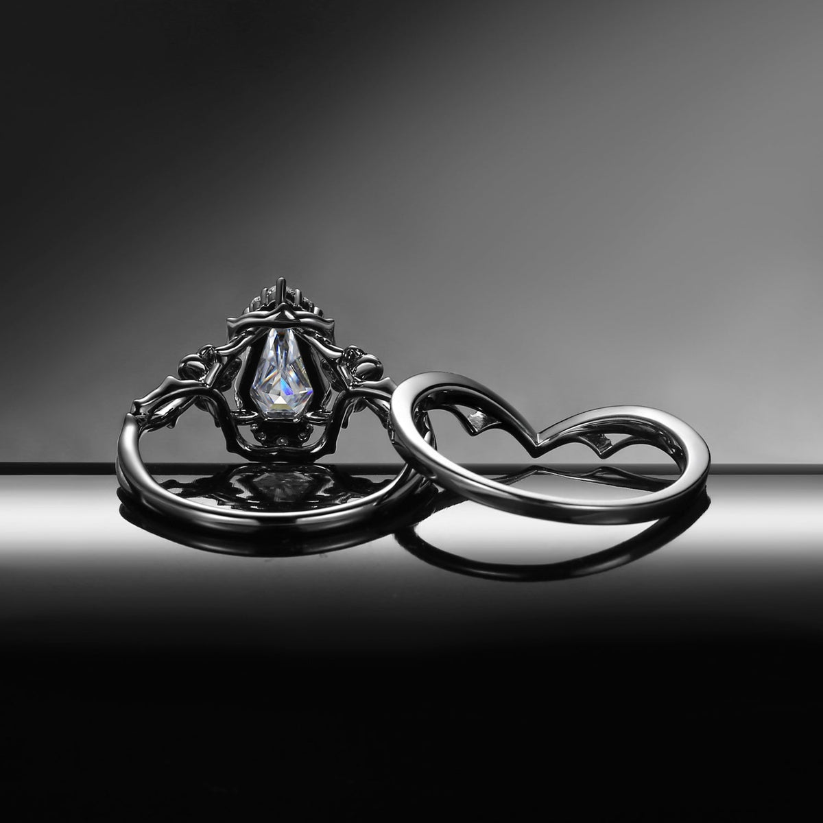 Garden Of Eden Nature Inspired ‘Thorns & Roses’ Gothic Coffin Cut Moissanite Black Gold Engagement Ring Set 2pcs