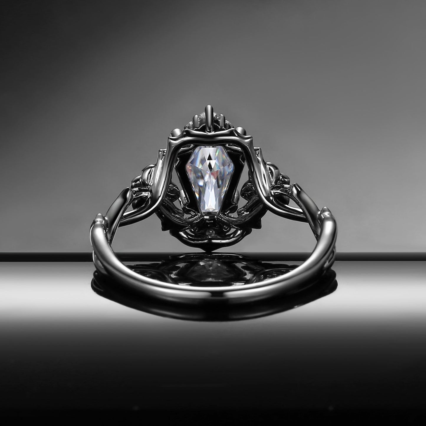 Garden Of Eden Nature Inspired ‘Thorns & Roses’ Gothic Coffin Cut Moissanite Black Gold Engagement Ring