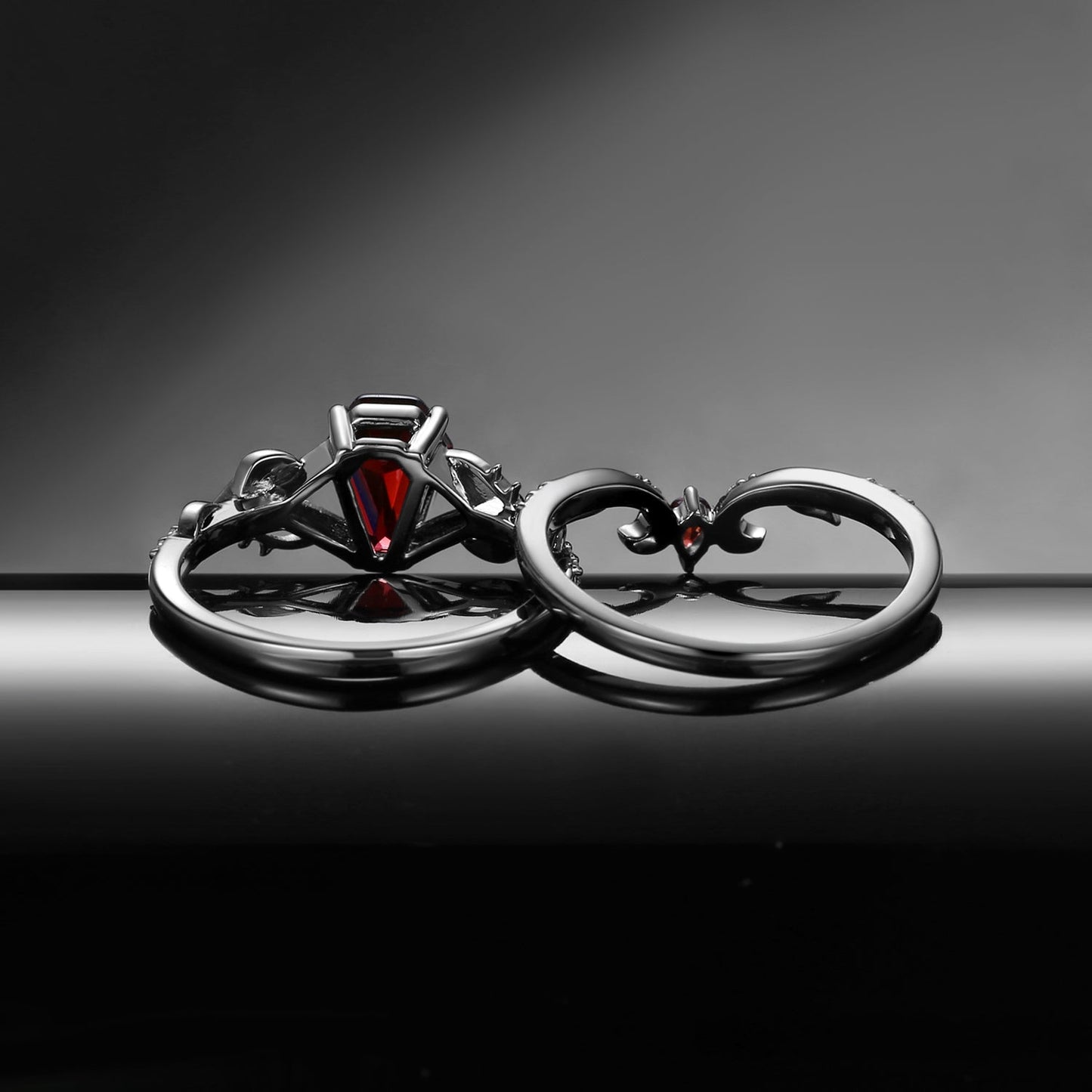 Gothic 'Thorns & Roses' Coffin Shaped Garnet Nature Inspired Engagement Ring Set 2pcs