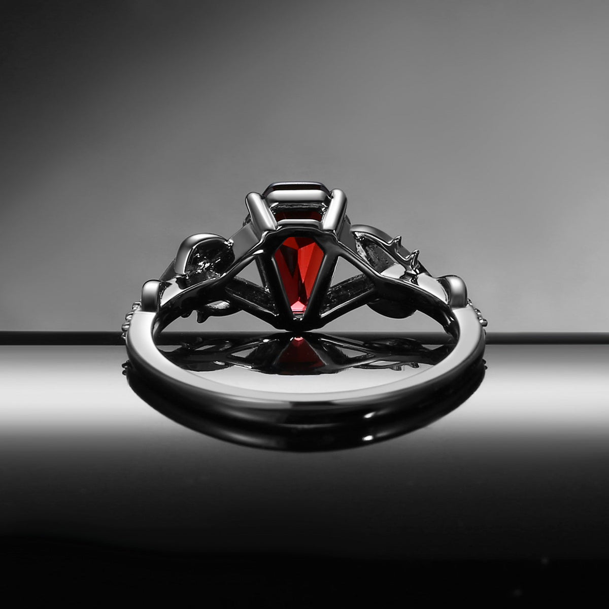 Gothic 'Thorns & Roses' Coffin Shaped Garnet Nature Inspired Split Engagement Ring