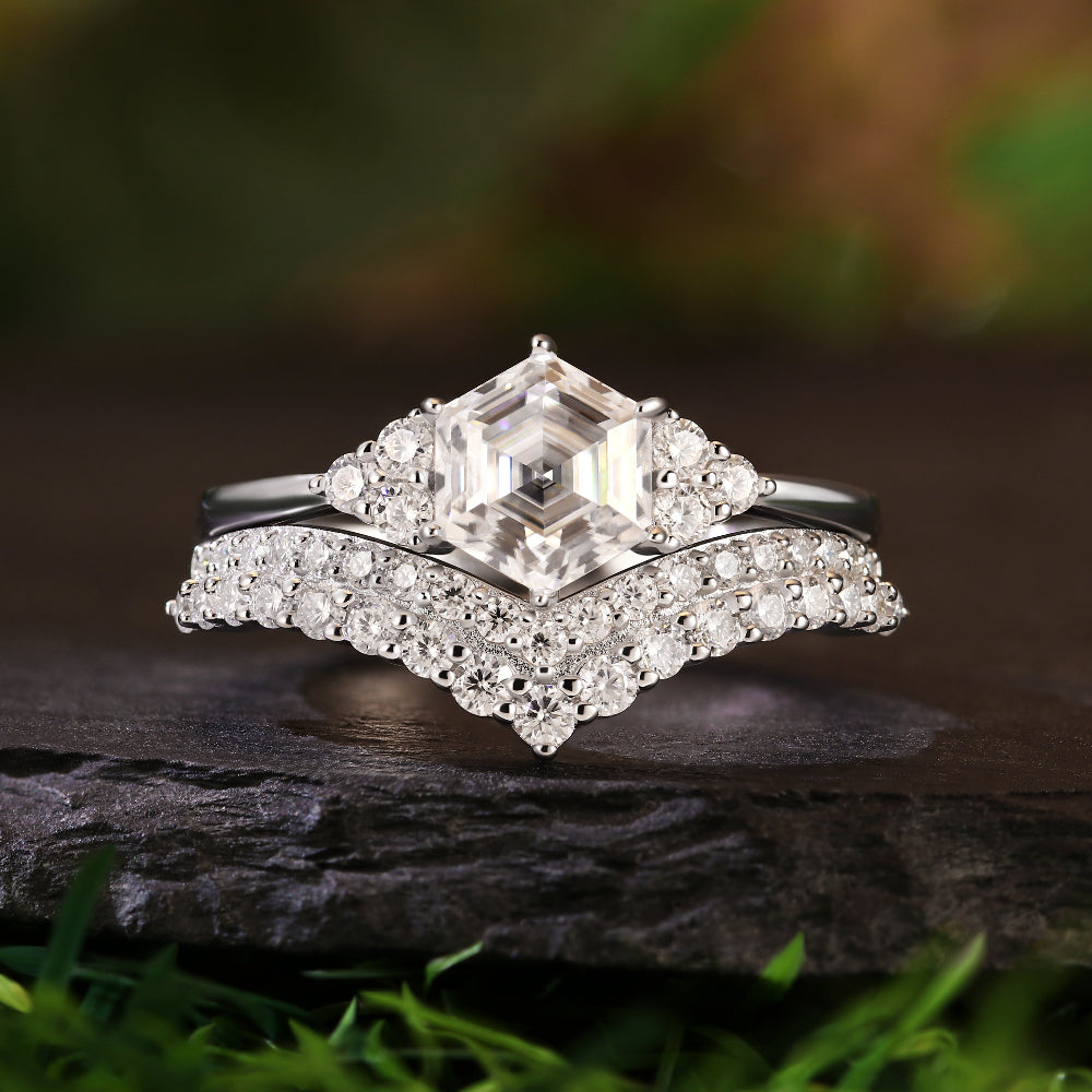 Vintage Unique 1.67ct Hexagon Cut Moissanite Bridal Ring Set