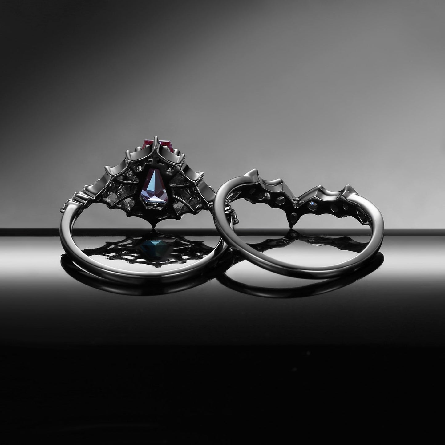 Gothic Inspired Coffin Lab Alexandrite Spider Web Black Gold Engagement Ring Set 2pcs