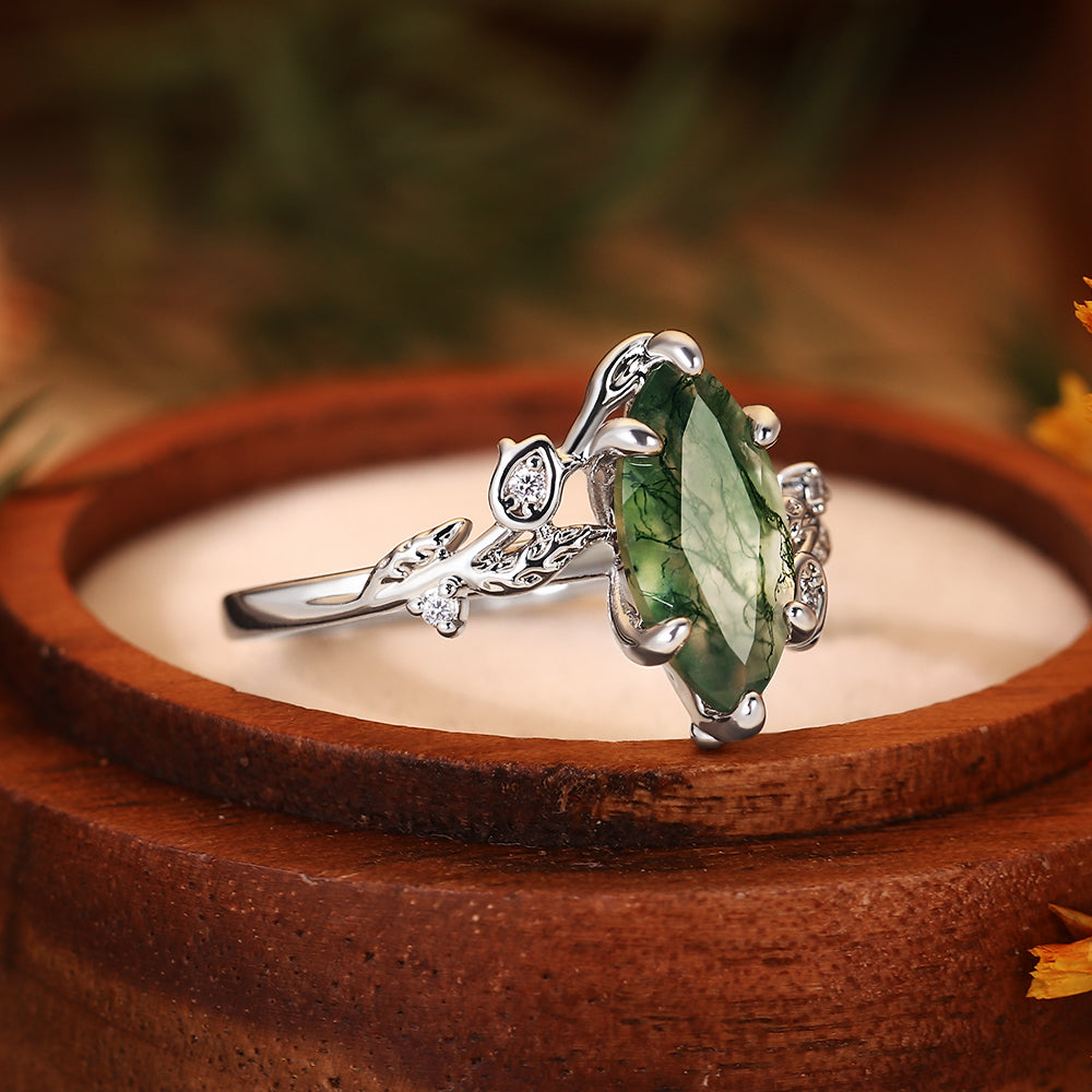 Ethereal Marquise Moss Agate Ring - Vintage Forest Inspired Leaf Design - Unique Anniversary or Promise Gift
