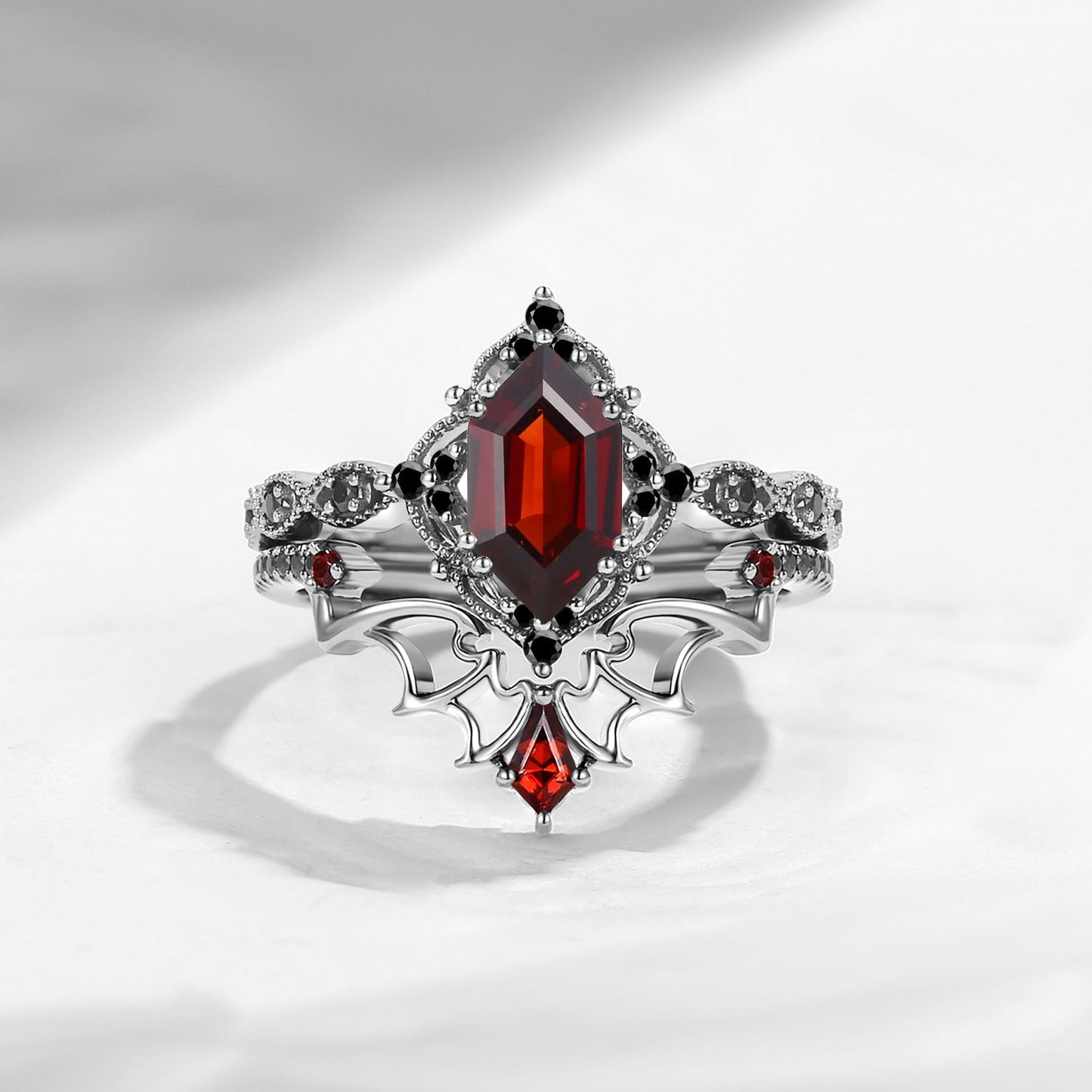 Gothic Inspired 'Dark Romance' Long Hexagon Cut Garnet Black Gold Engagement Ring Set 2pcs