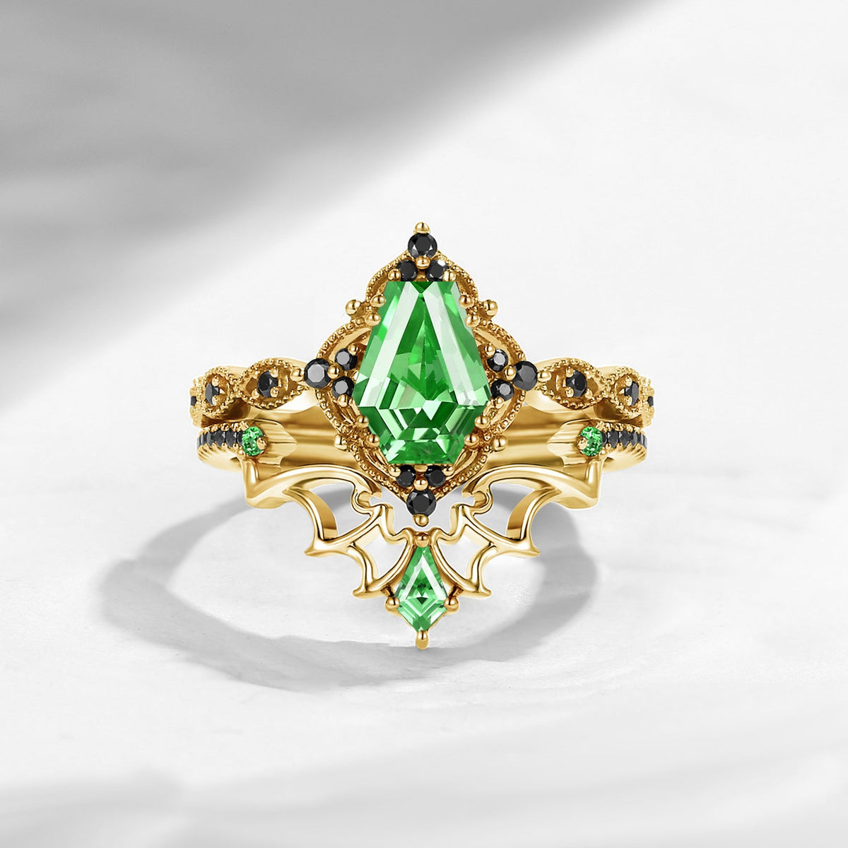 'Dark Romance' - Gothic Coffin Cut Lab Tsavorite Engagement Ring Set with Bat Wings in Black Gold - Bat Ring