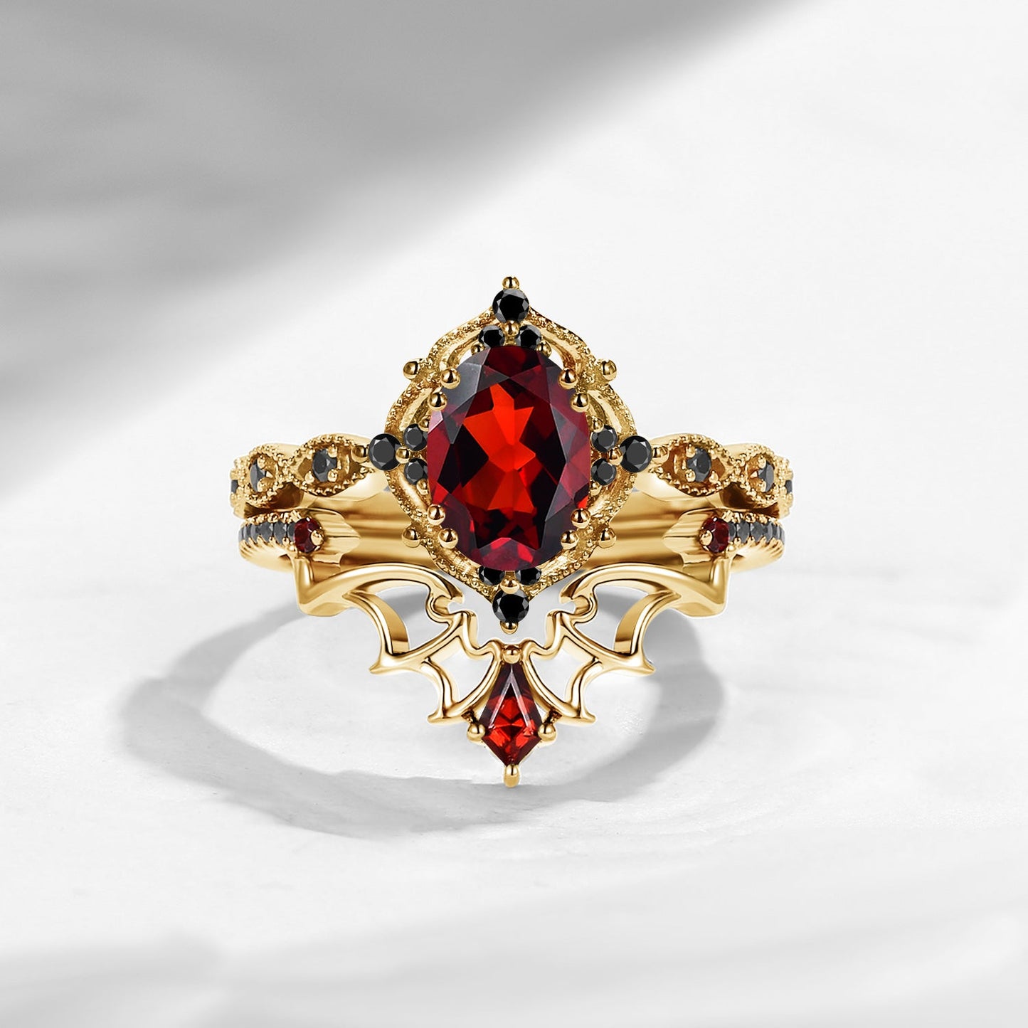 Gothic Inspired 'Dark Romance' Oval Cut Garnet Black Gold Engagement Ring Set 2pcs