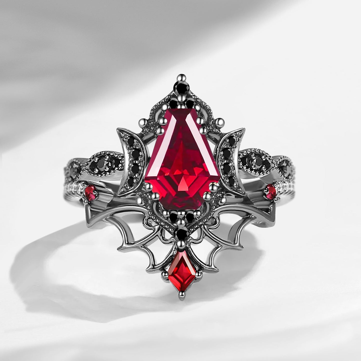 Crescent Moon | Vintage Inspired Coffin Cut Garnet Black Gold Engagement Ring Set 2pcs