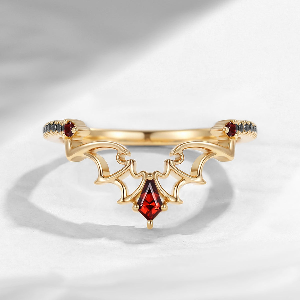 Gothic Bat Inspired Kite Cut Garnet Bat Wing Curved Wedding Ring - Dark Romance