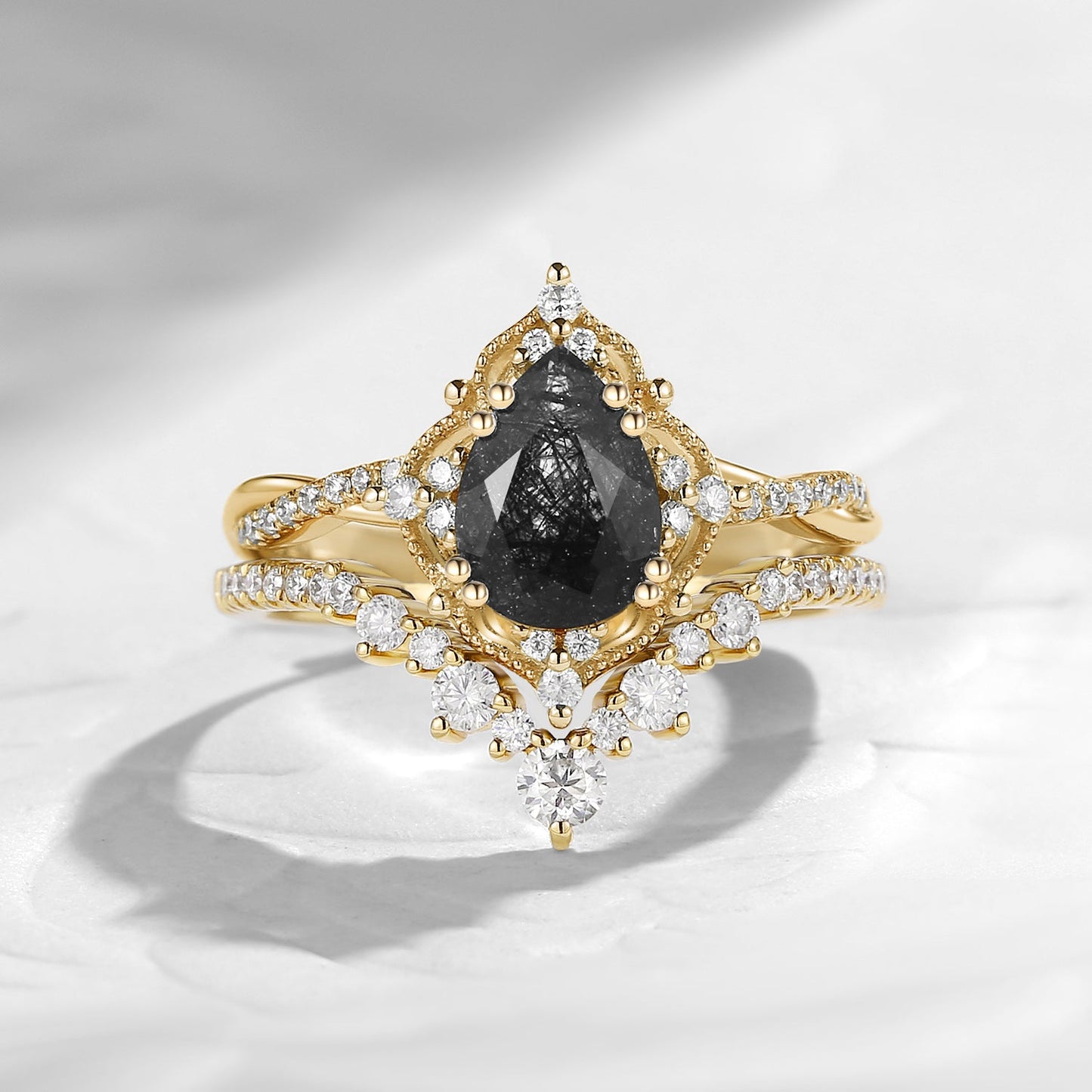 Vintage Inspired Pear Cut Black Rutilated Quartz Infinity Engagement Ring 2pcs