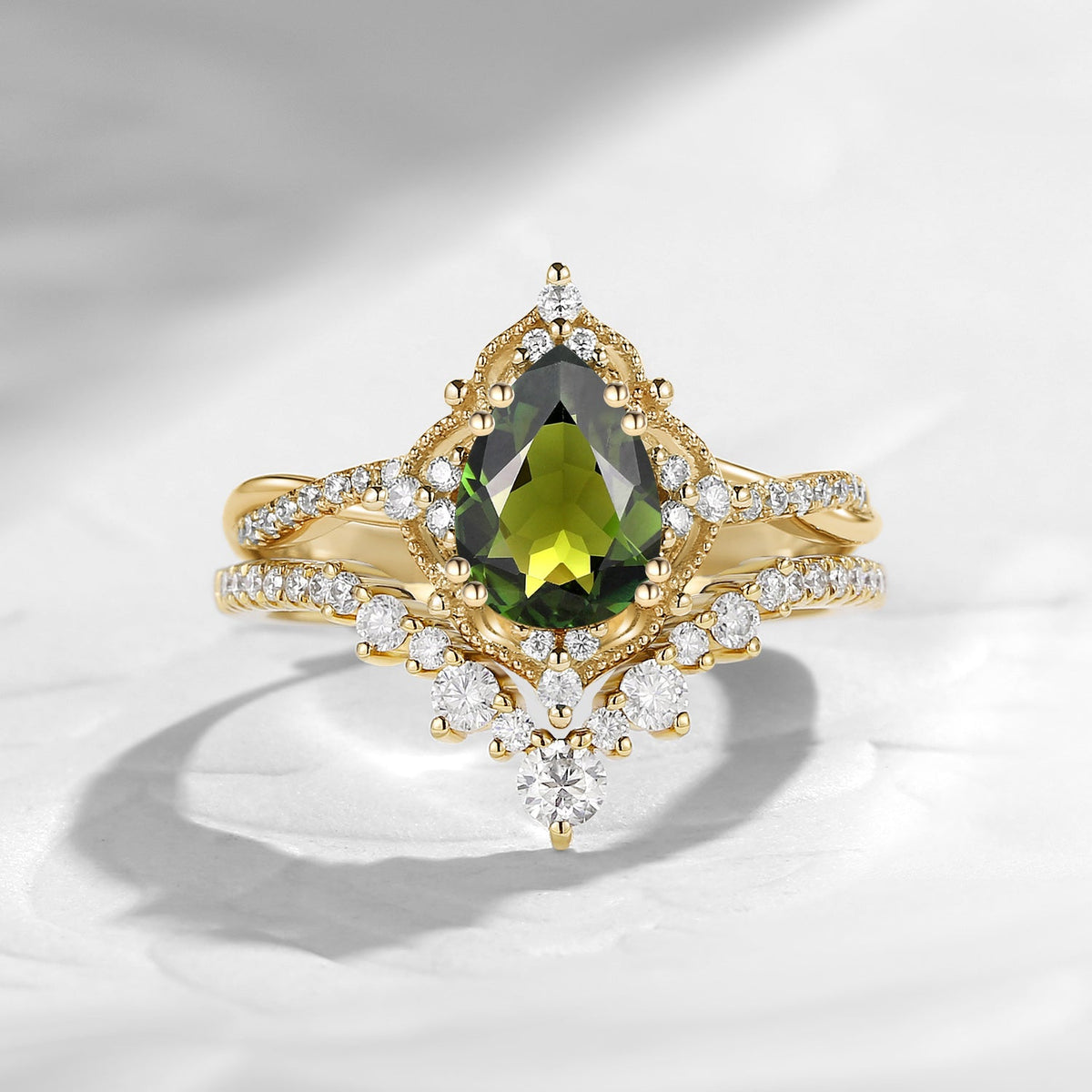 Vintage Inspired Pear Cut Natural Olive Green Tourmaline Infinity Engagement Ring 2pcs