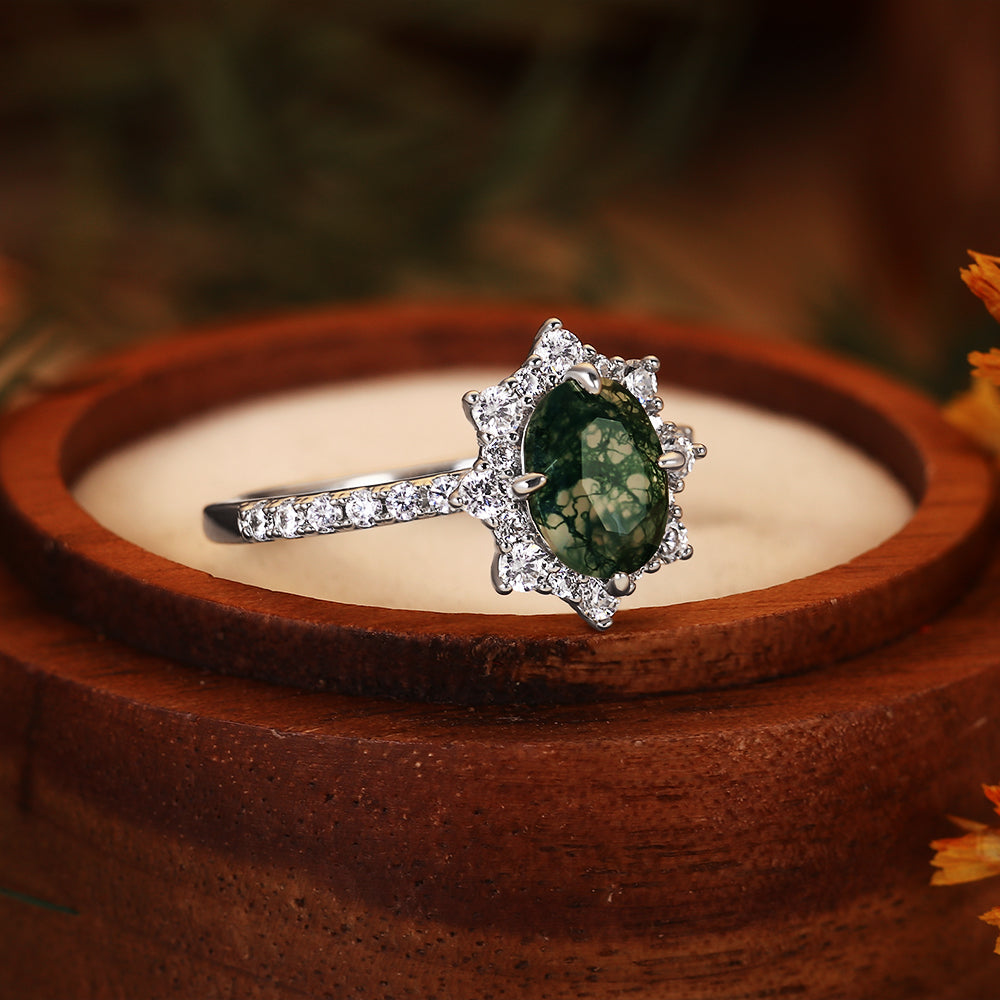 Vintage 6x8mm Oval Moss Agate Starburst Halo Engagement Ring, Nature Inspired Green Agate Jewelry
