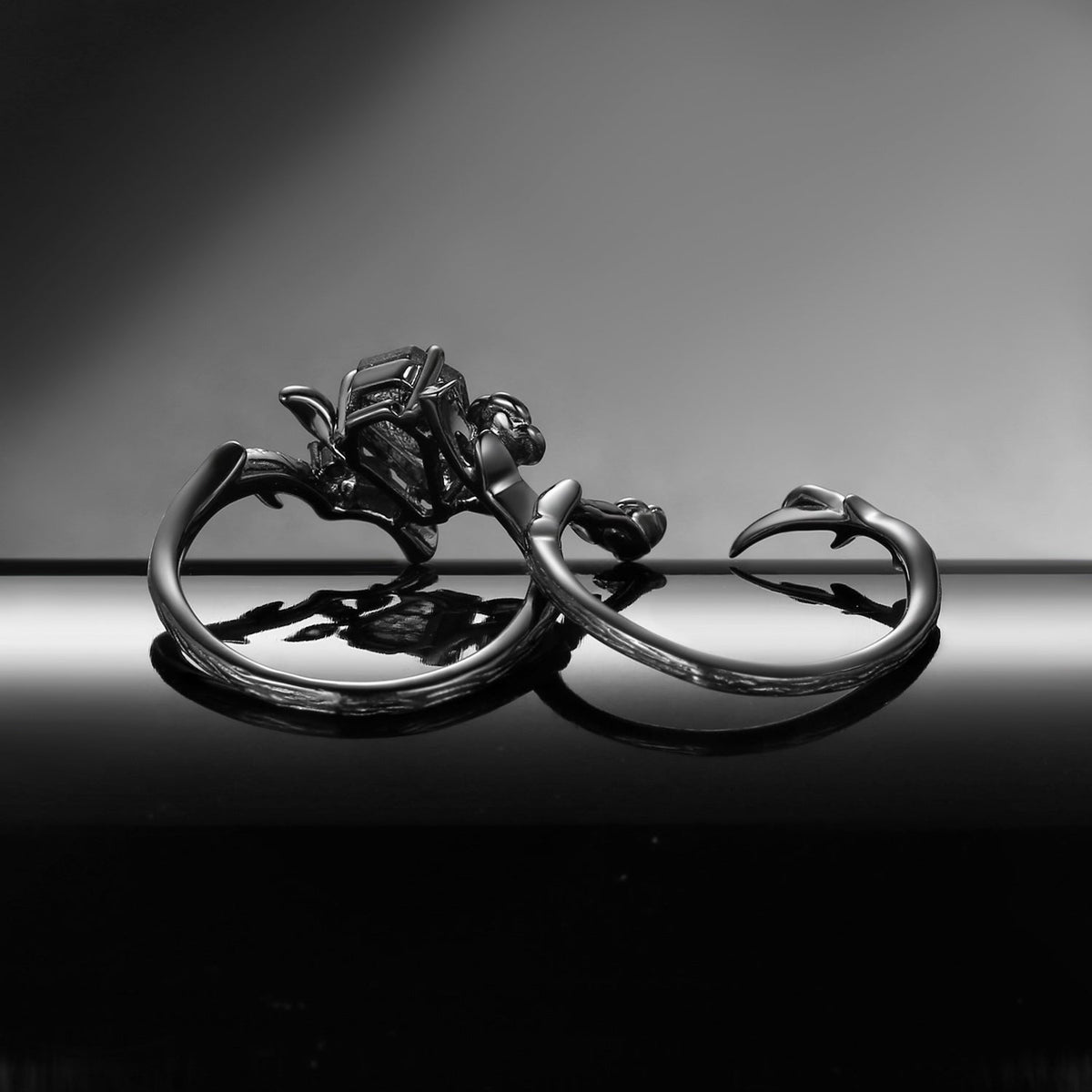Gothic Style Coffin Cut Black Rutilated Quartz Nature Inspired 'Thorns & Roses' Engagement Ring Bridal Sets 2pcs
