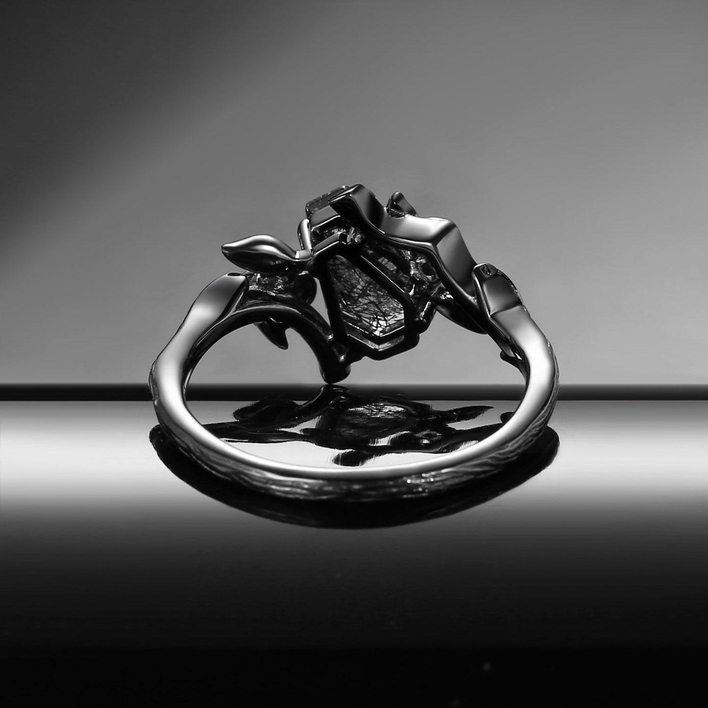 Gothic Style Coffin Cut Black Rutilated Quartz Nature Inspired 'Thorns & Roses' Engagement Ring