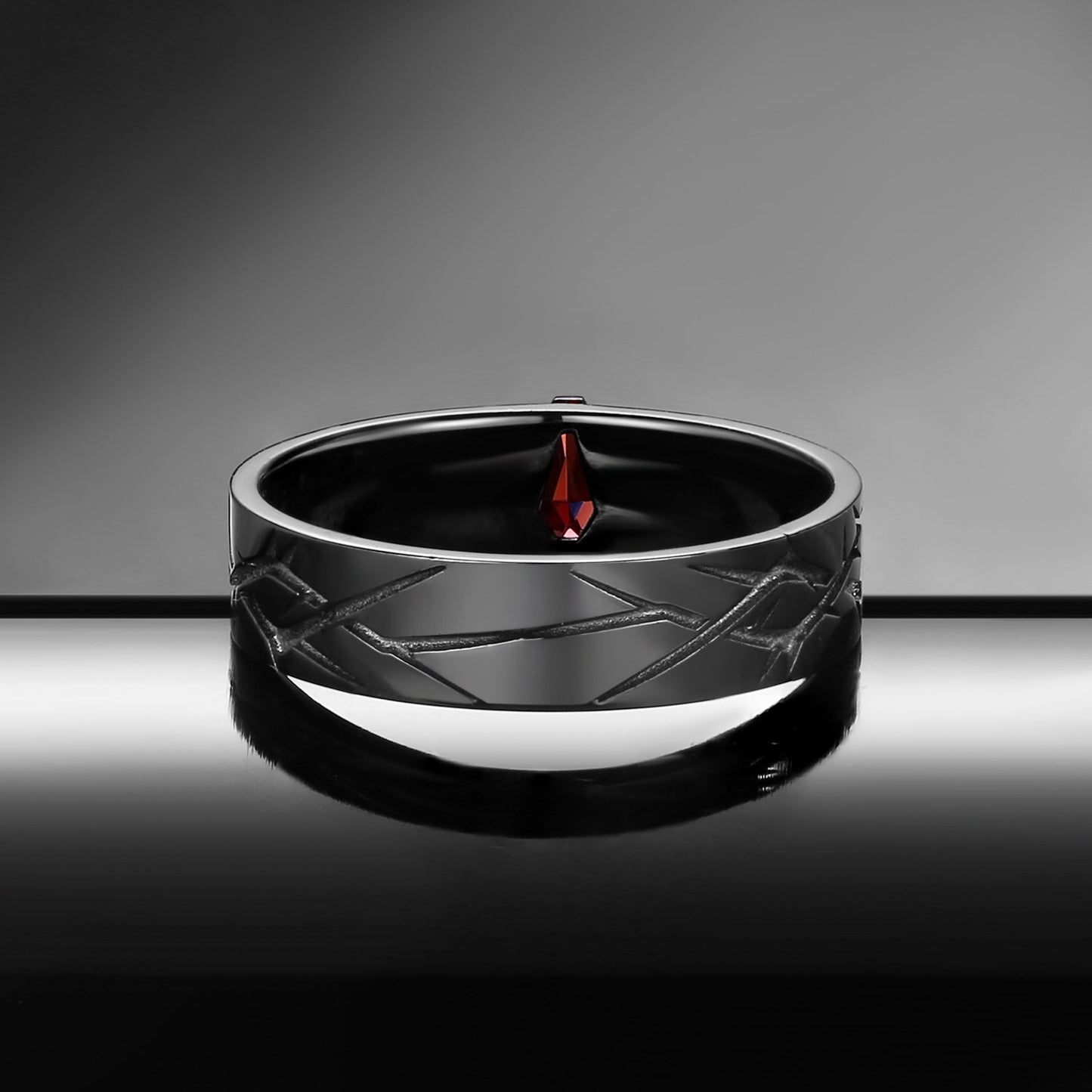 Thorns & Roses - Nature Inspired Coffin Cut Garnet Wedding Band with Thorn Inspired Engraving