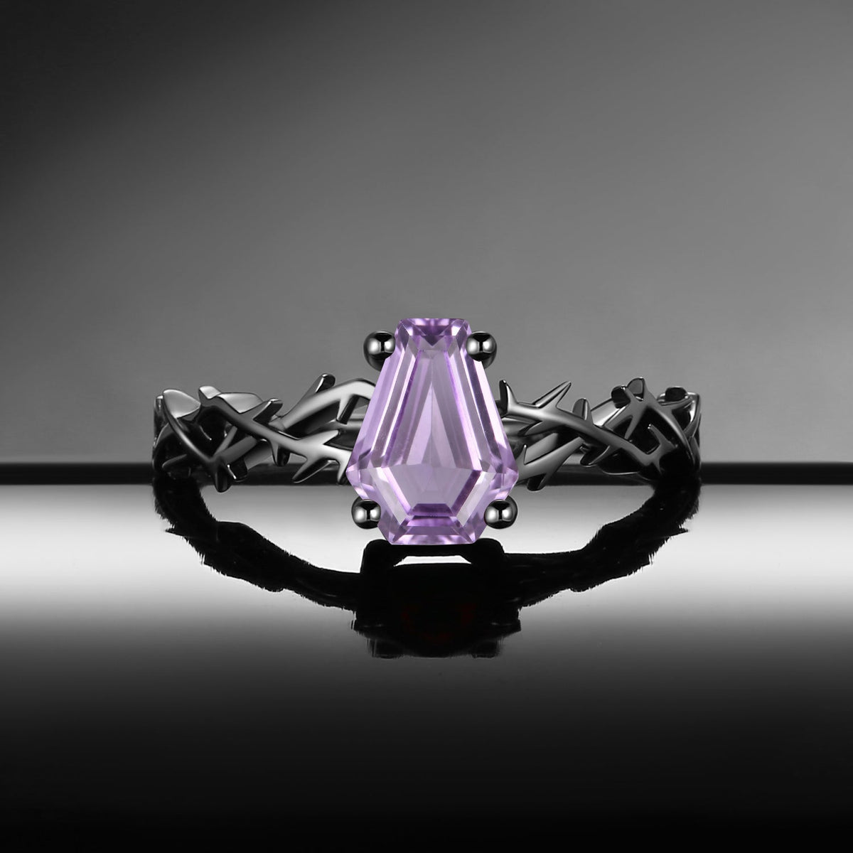 Thorns & Roses - Nature Inspired Coffin Cut Amethyst Twisted Engagement Ring with Thorn-inspired Band