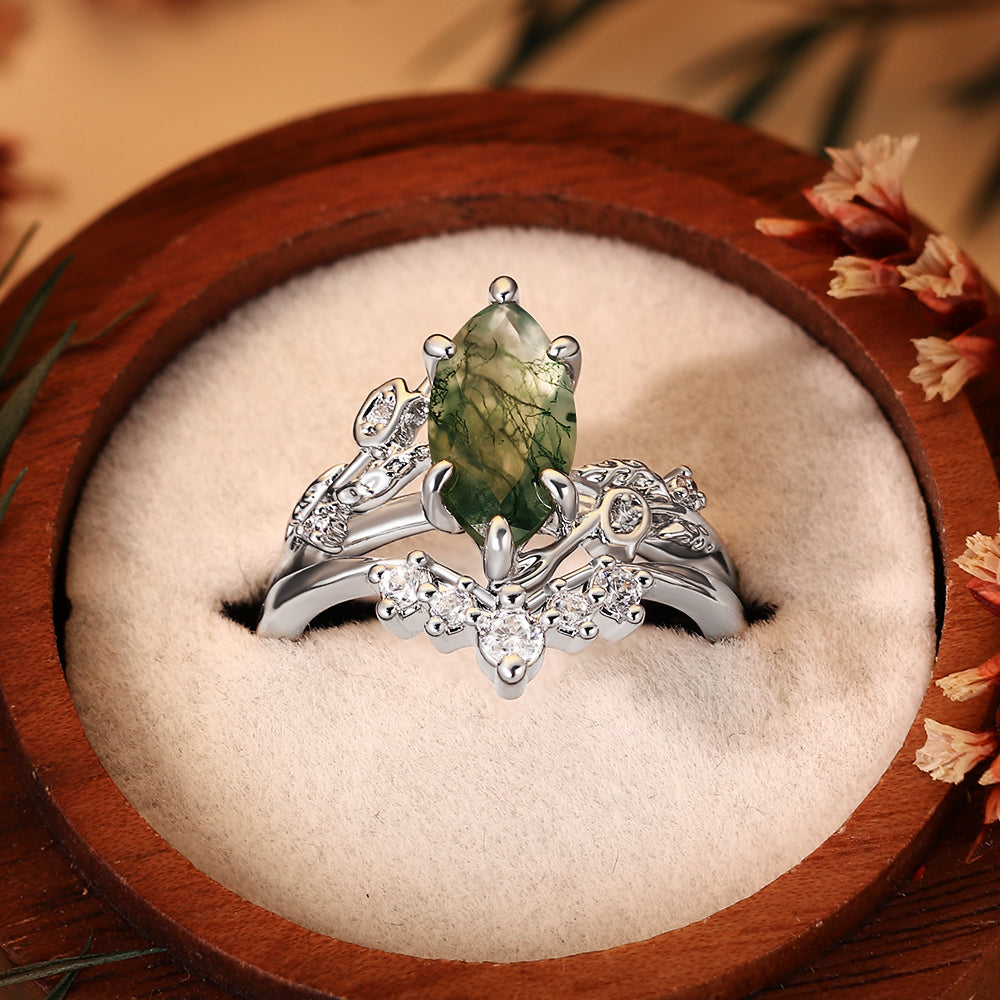 Marquise Moss Agate Bridal Set, Nature Inspired Leaf & Twig Wedding Ring Set, 2PCS Unique Green Gemstone Engagement Ring for Women