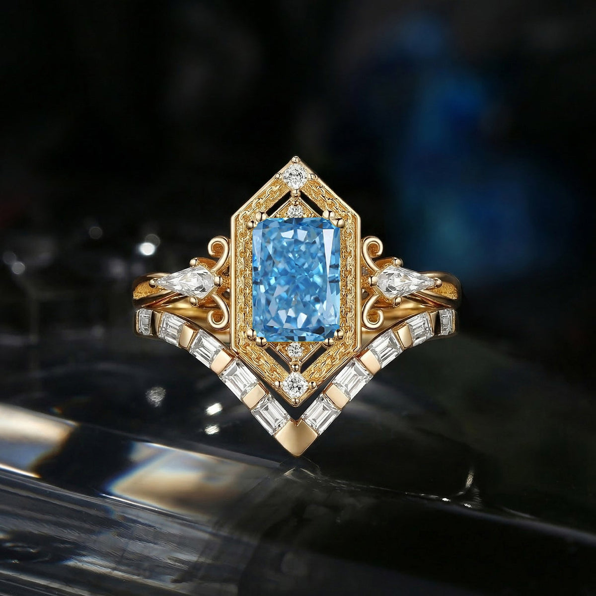 Vintage Inspired Radiant Cut Lab Blue Diamond Maximalist Engagement Ring Bridal Set 2pcs