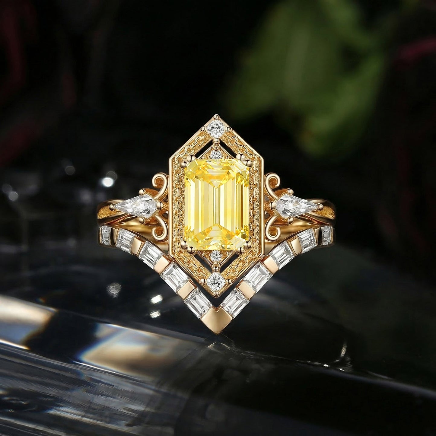 Vintage Inspired Emerald Cut Lab Yellow Diamond Maximalist Engagement Ring Bridal Set 2pcs
