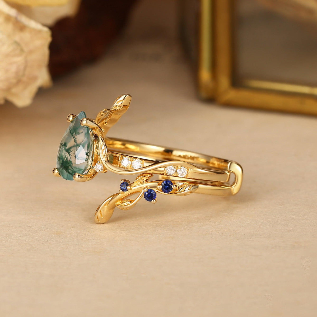 Cressida’s Companion | Moss Agate & Sapphire Engagement Enhancer Ring Set 2pcs