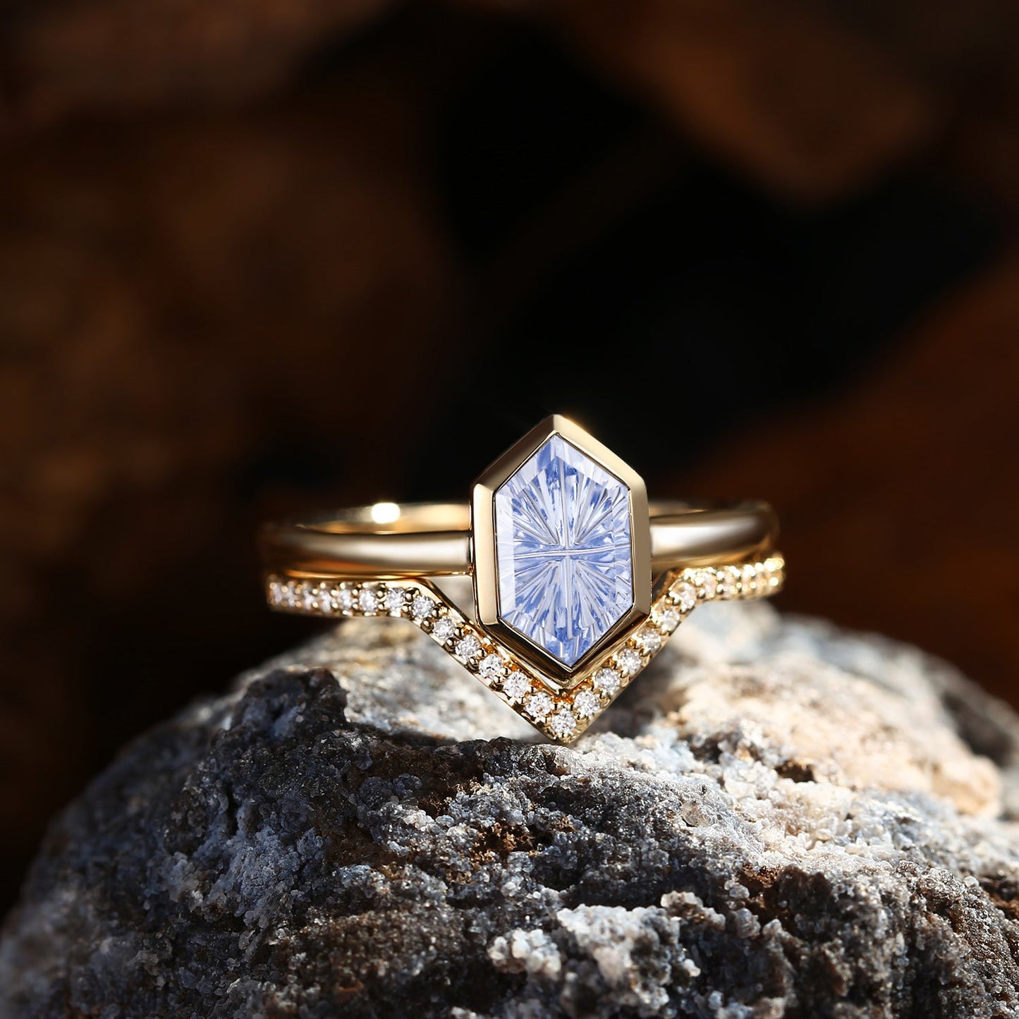 Bezel Solitaire Fantasy Carved Long Hexagon Cut Lab Cornflower Sapphire Bridal Set 2pcs