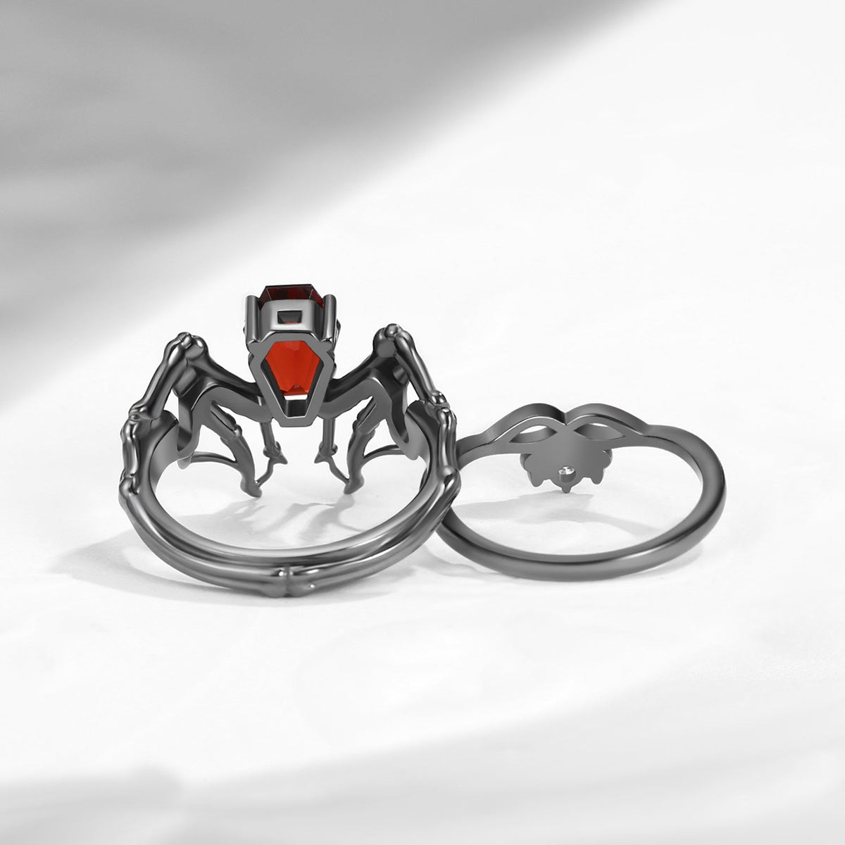 Non-Traditional Coffin Moissanite Vampire Black Gold Ring Set 2pcs - Bat Ring