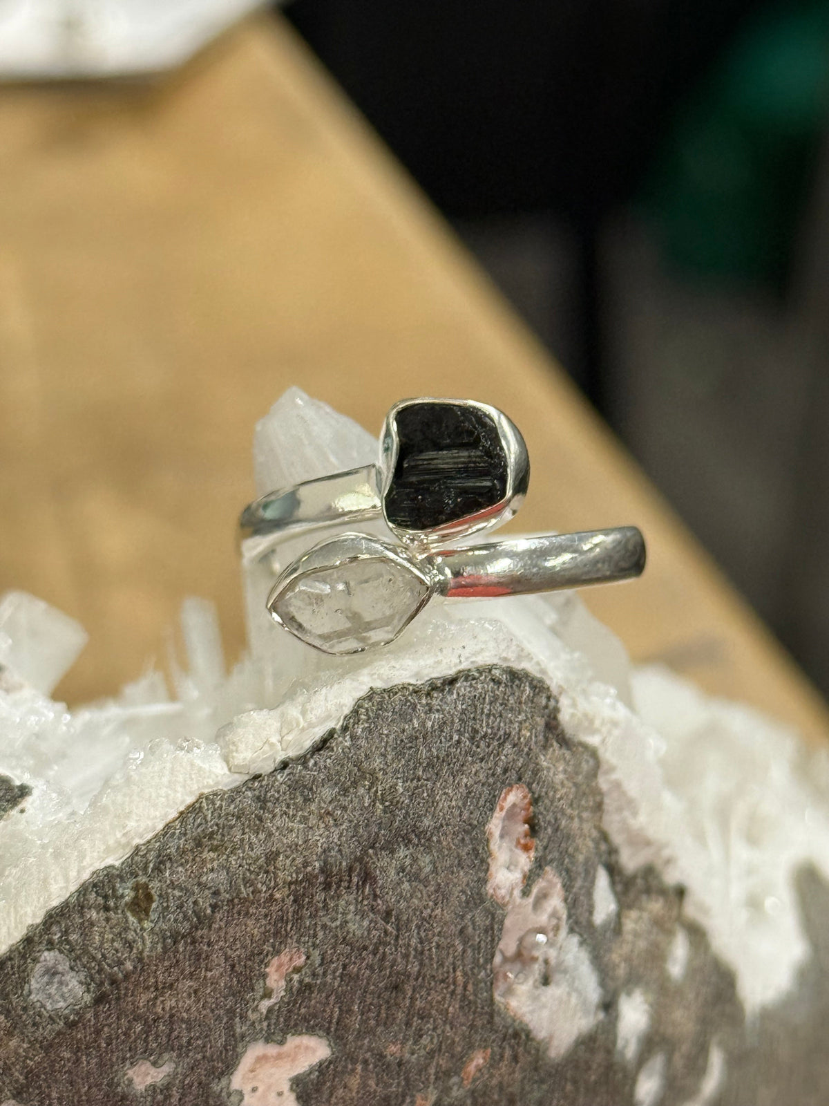 Black Tourmaline and Herkimer Diamond Ring Size 11