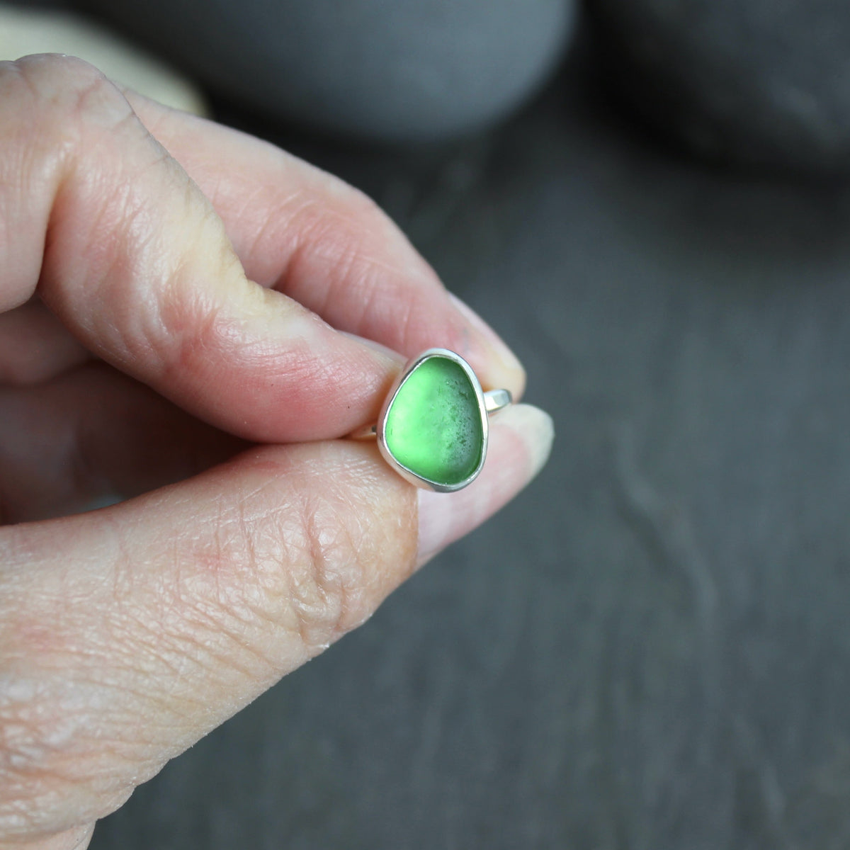Bright Lime Green Sea Glass Ring | Handmade | Sterling Silver | Size 5